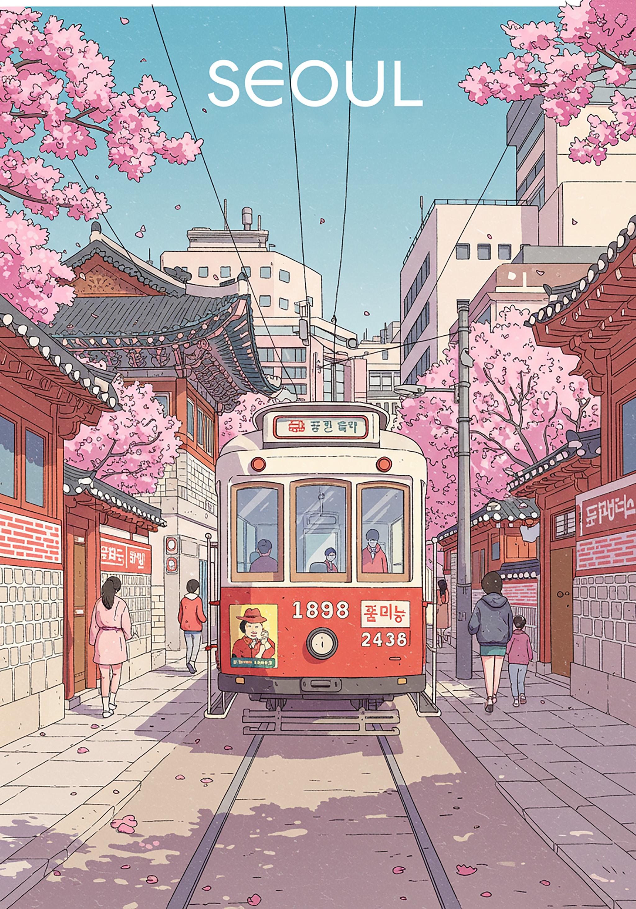 Illustration of a red and white tram on a street lined with traditional Korean buildings and cherry blossoms, beneath the word 'SEOUL'.