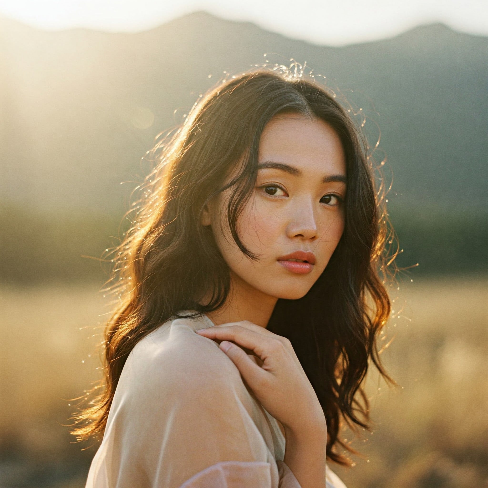 Portrait of a woman with long hair and mountains in the background.