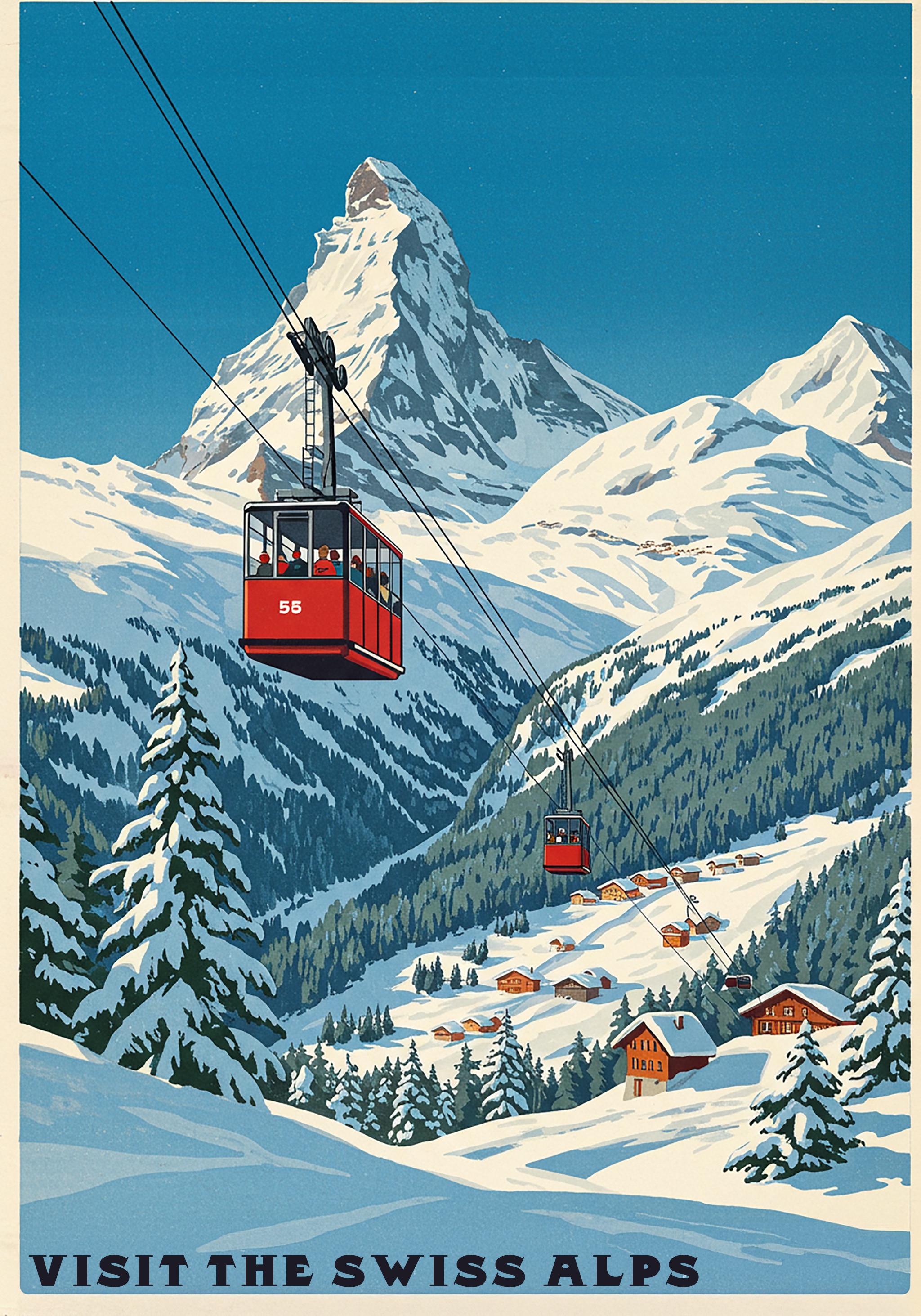 Illustration of a snowy mountain scene with a red cable car and the words 'Visit the Swiss Alps.'