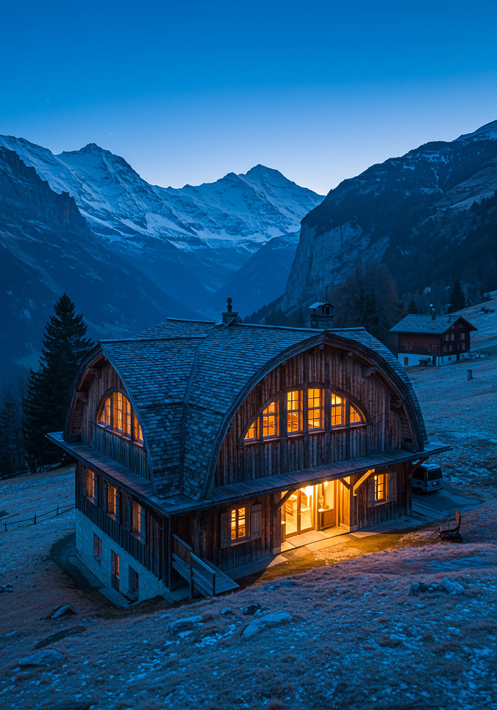 Wooden chalet with lights on in a mountain landscape at twilight.