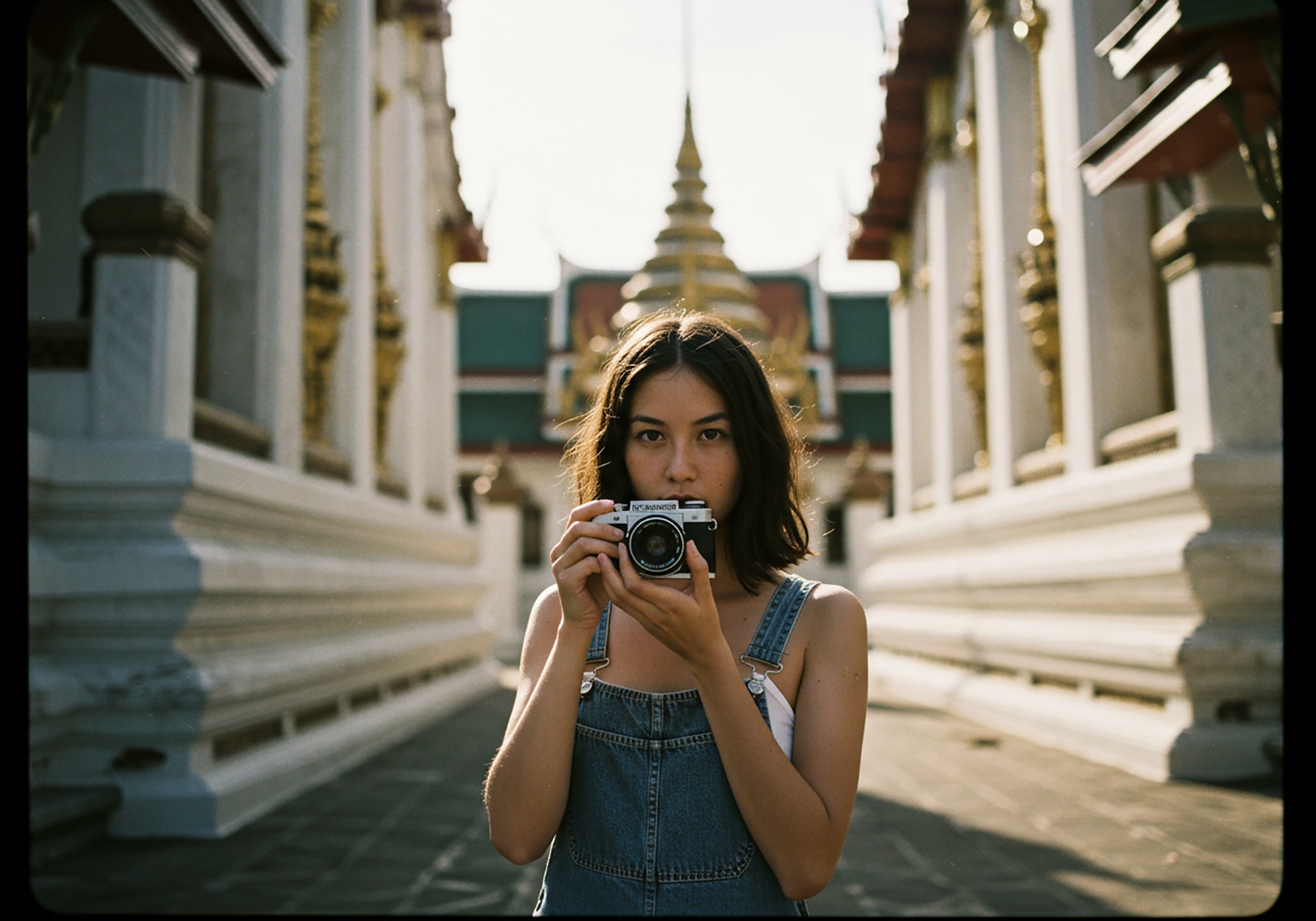 Woman holding a camera in front of a temple.