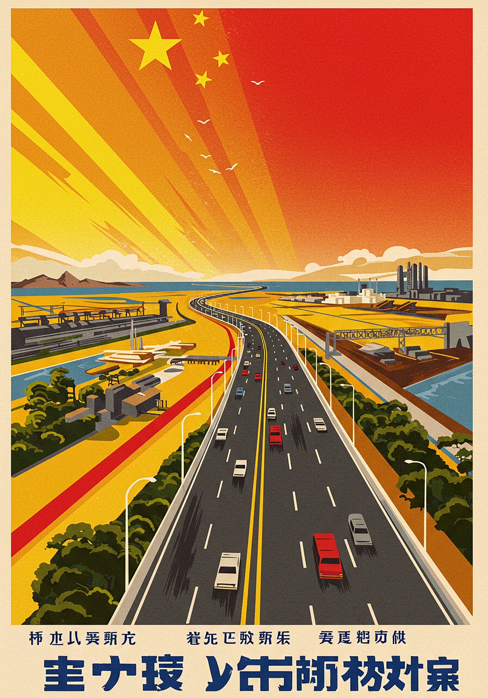 Illustration of a highway leading to industrial buildings under a sky with stars and birds.