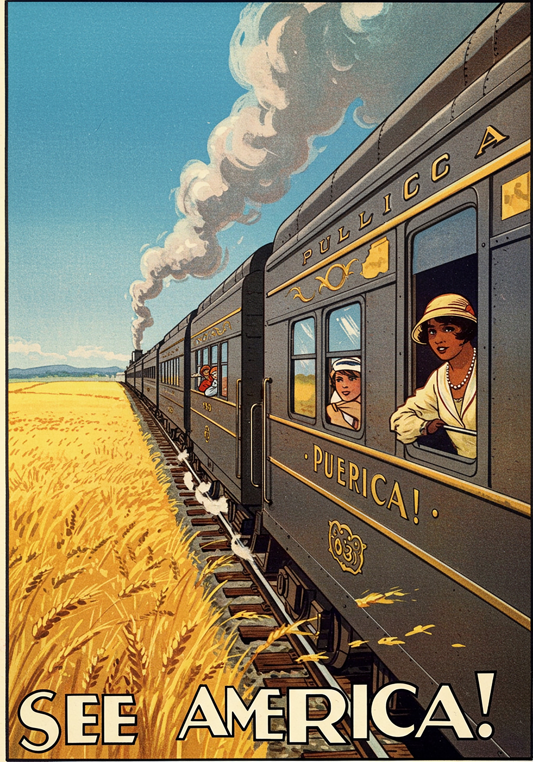 Vintage travel poster depicting a train traveling through a wheat field.