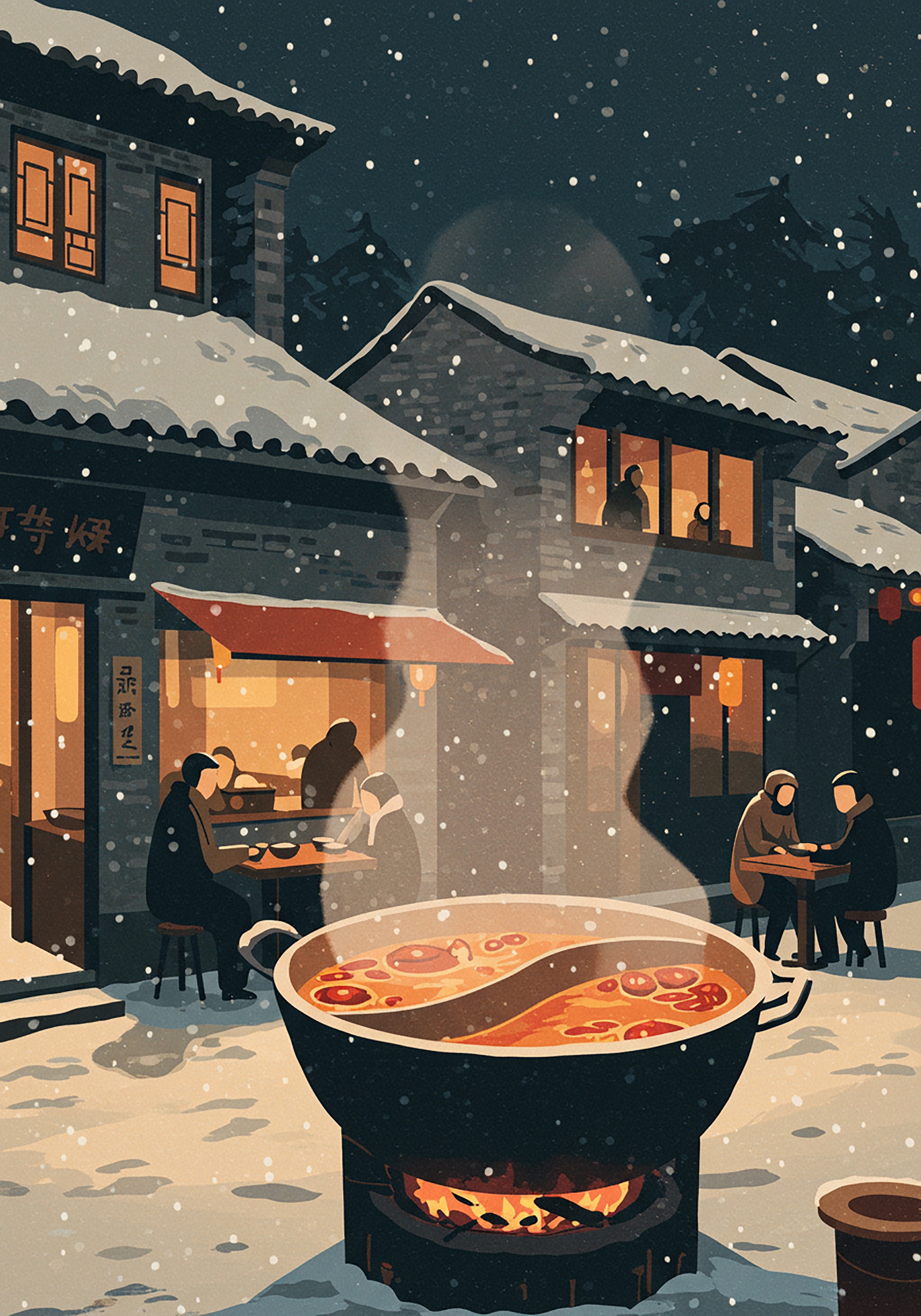 Illustration of people enjoying hot pot in a snowy Asian town.