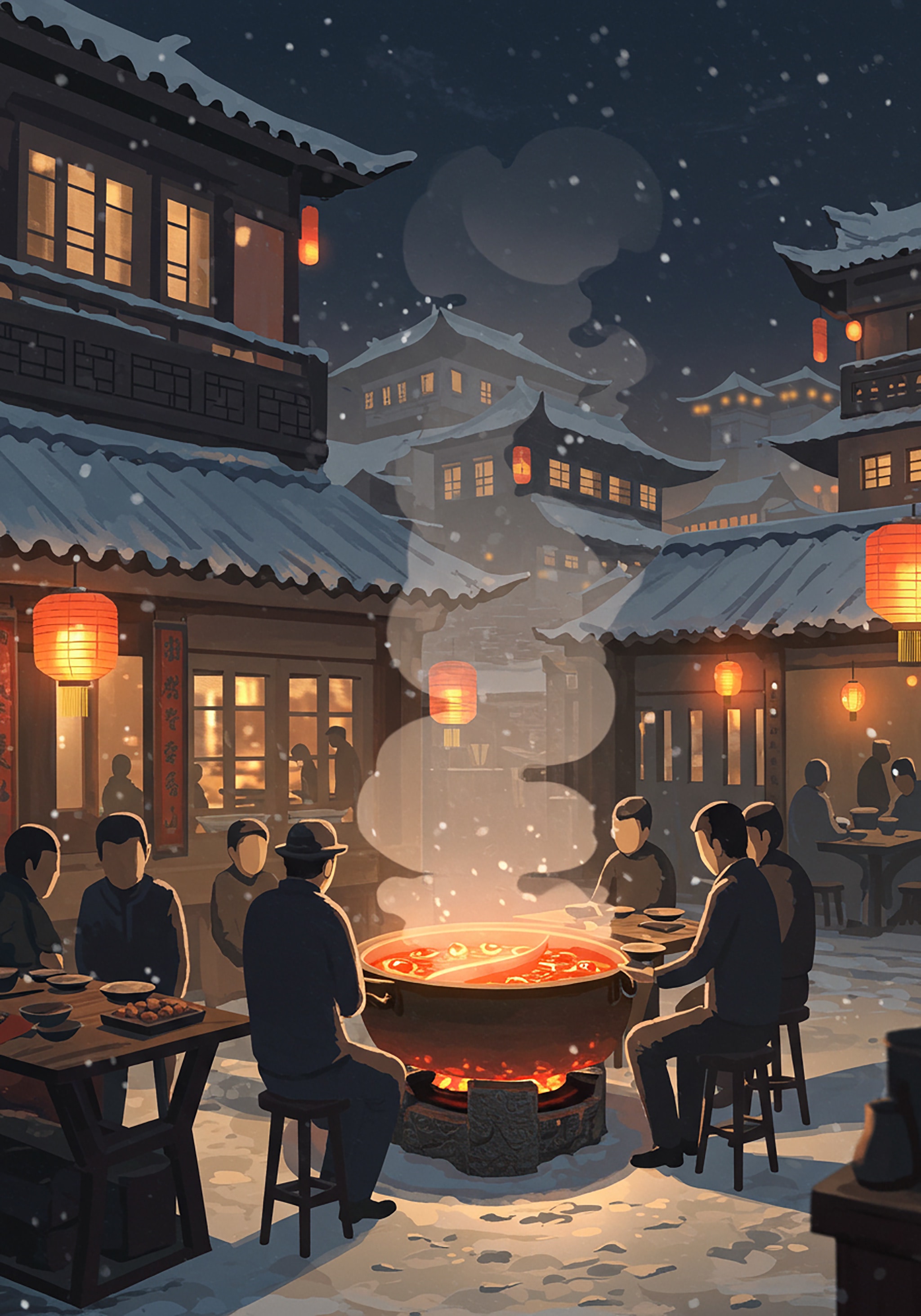 People enjoying a hotpot feast in a snow-covered village with traditional Chinese architecture and red lanterns.