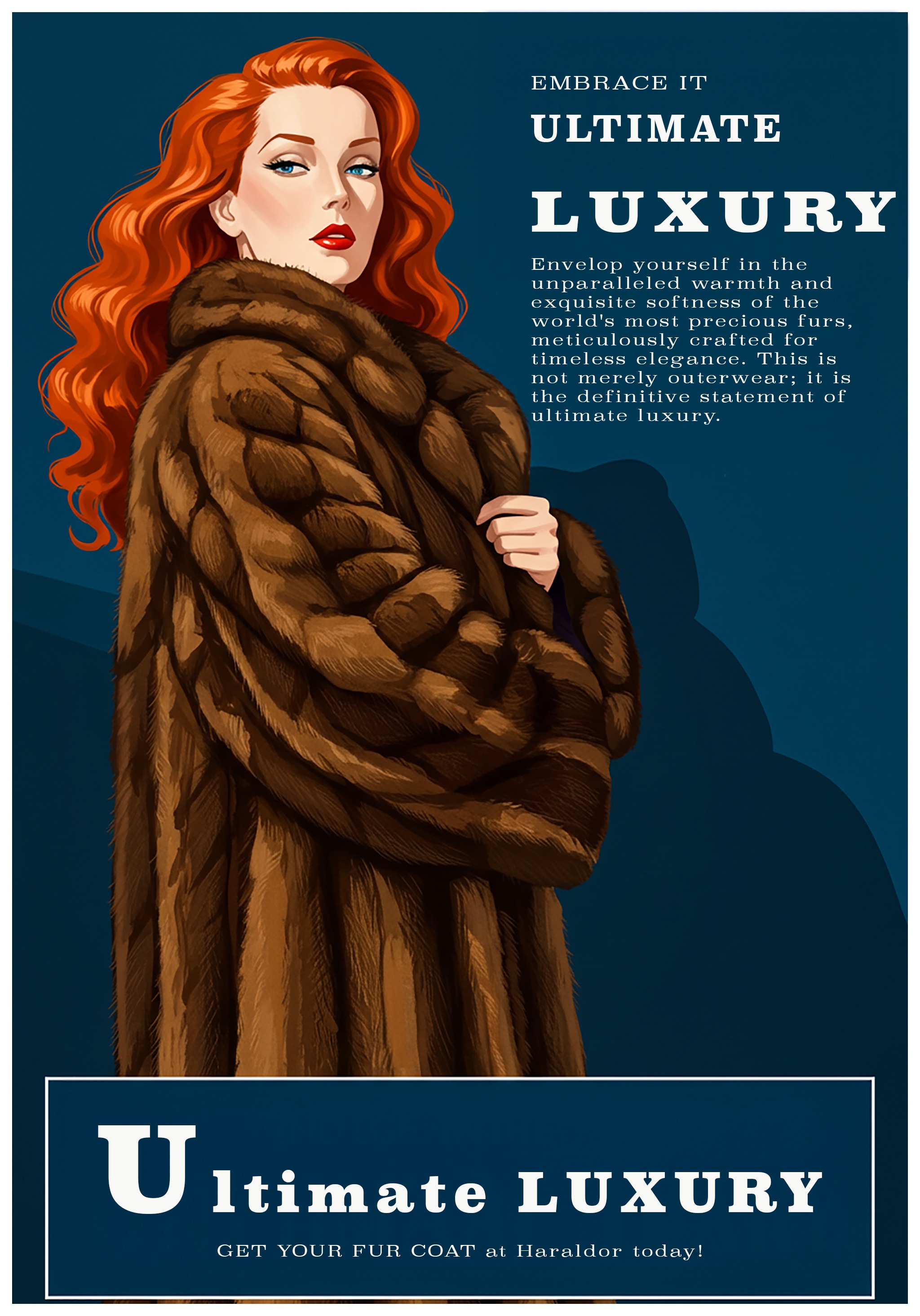 Illustration of a woman with red hair in a brown fur coat.