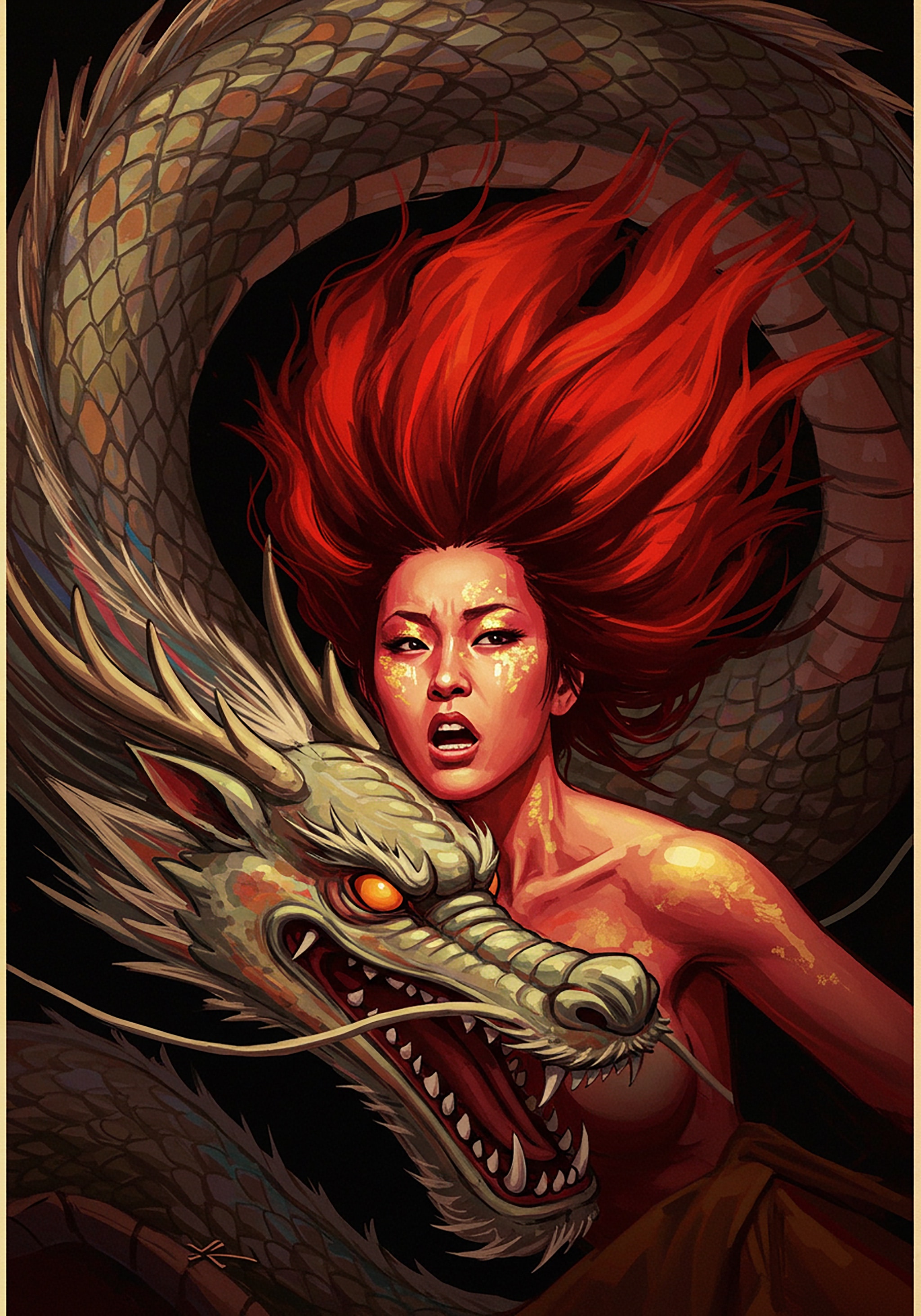 Artwork of a woman with fiery red hair embracing a dragon.