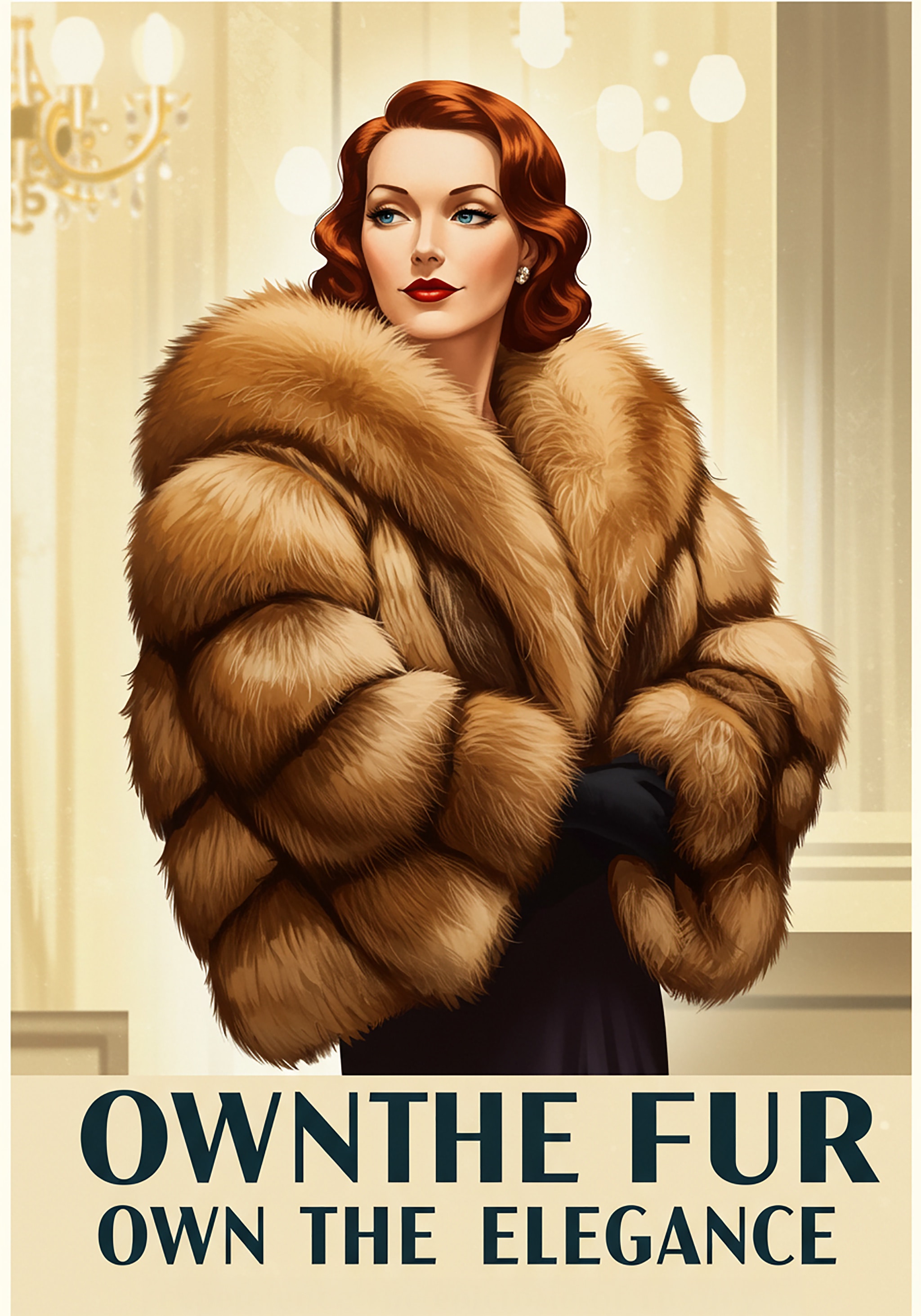 Illustration of a redhead woman wearing a fur coat.