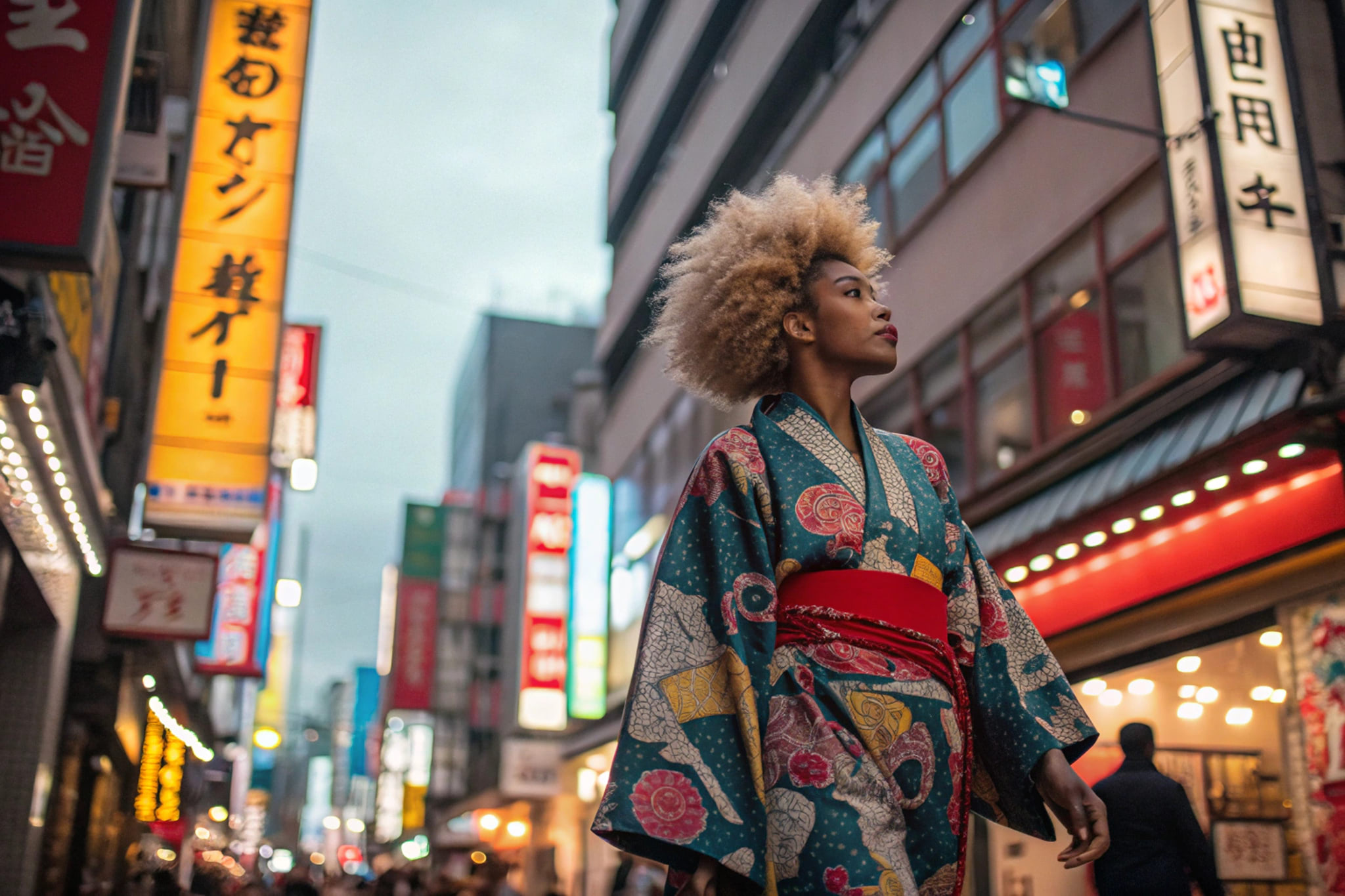A person with an afro wearing a kimono on a city street.