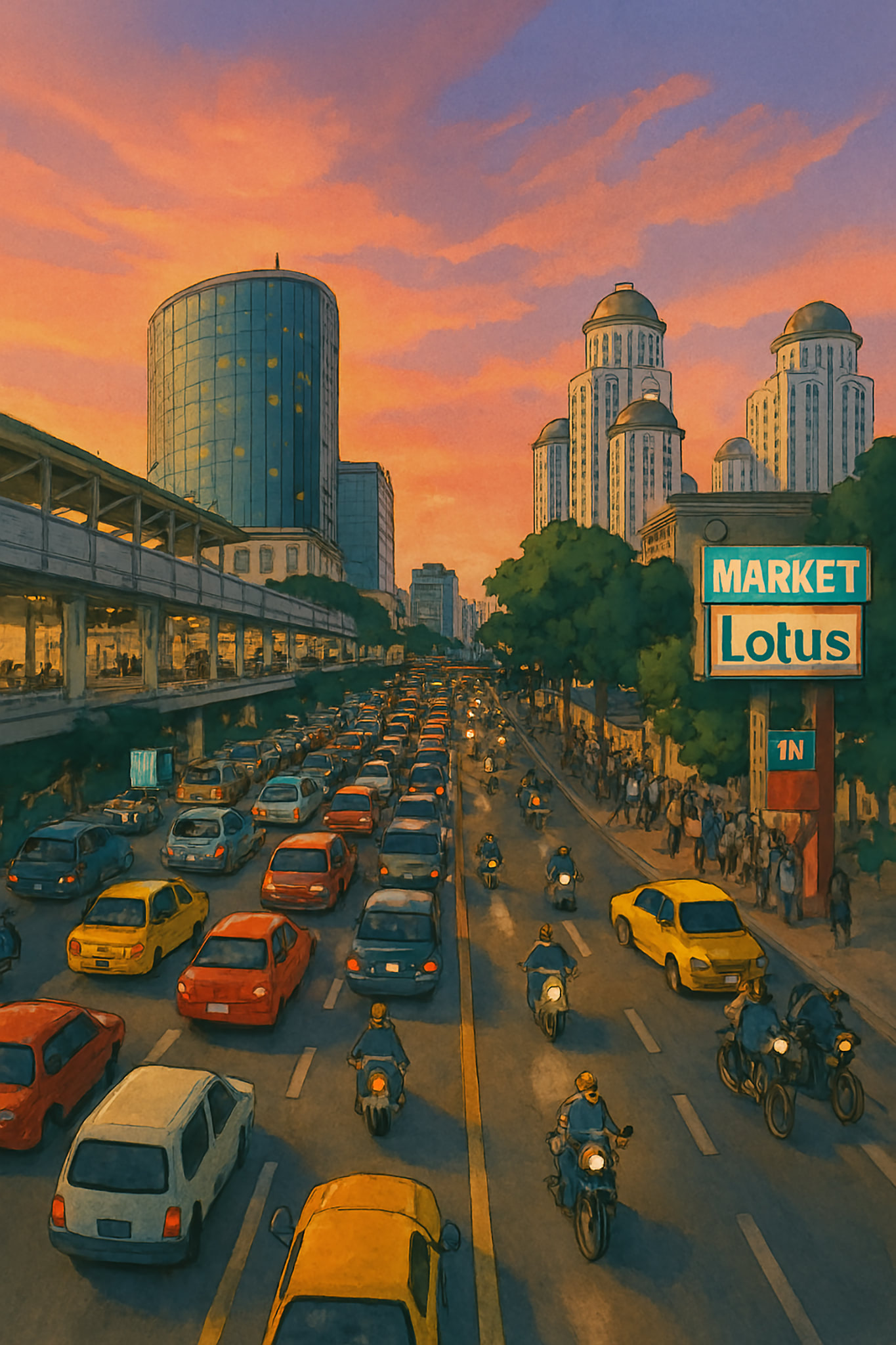 Illustration of Bangkok street with traffic at sunset.