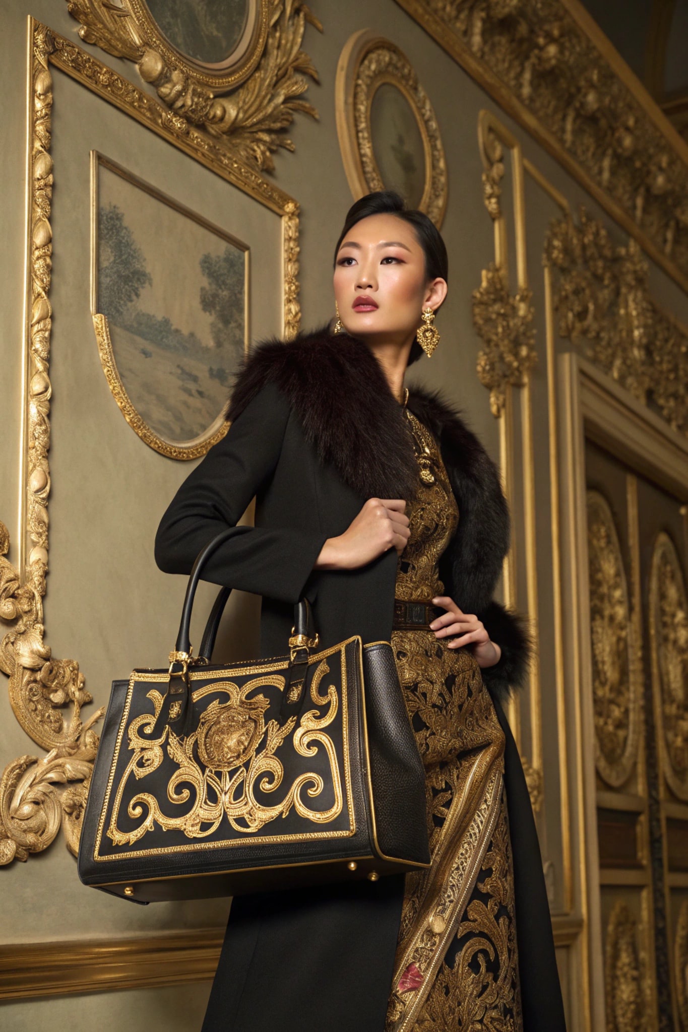Woman with a fur collar holding a baroque-style handbag.