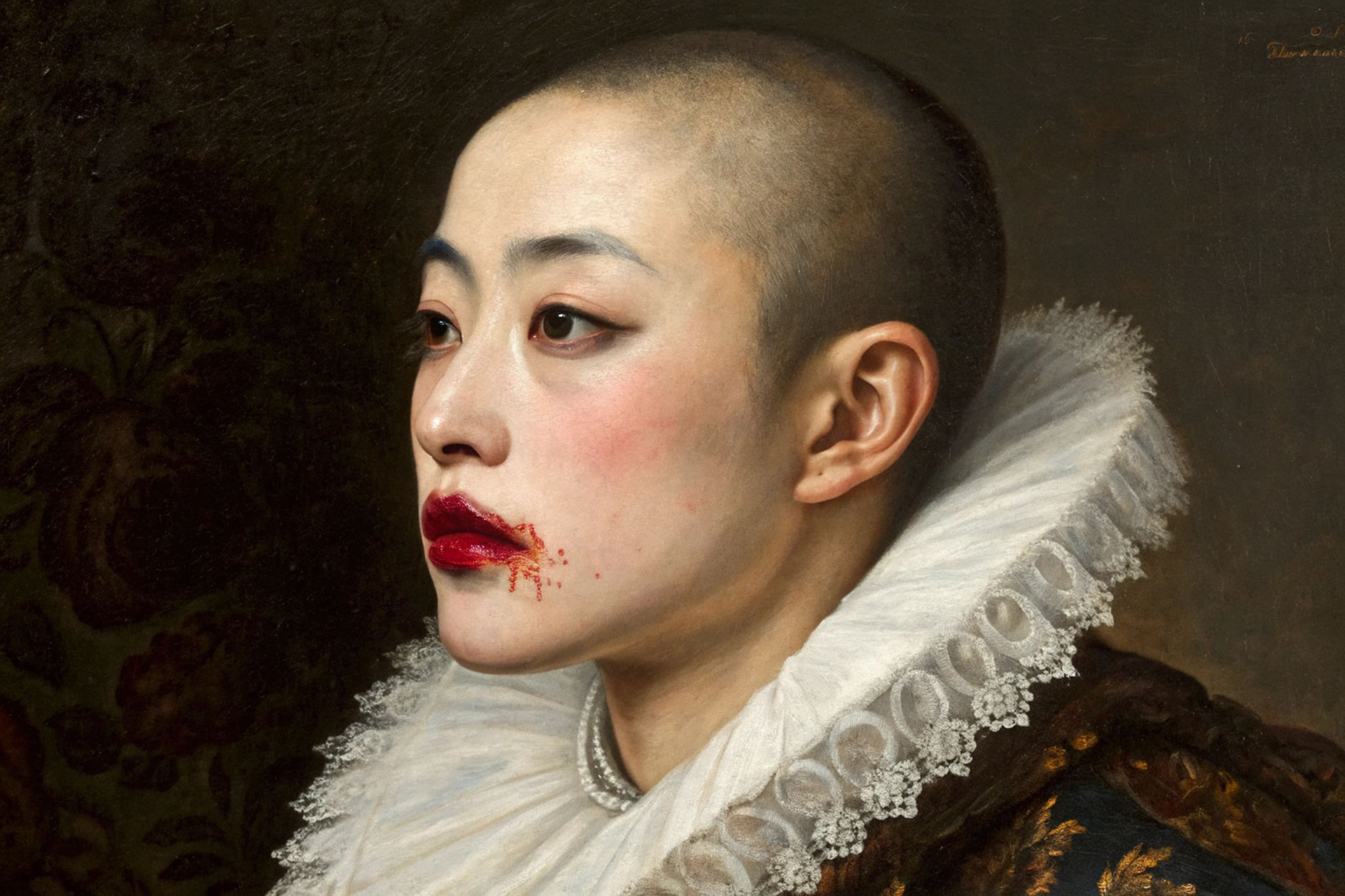 Painting of a bald person with bold red lipstick and a ruffled collar.