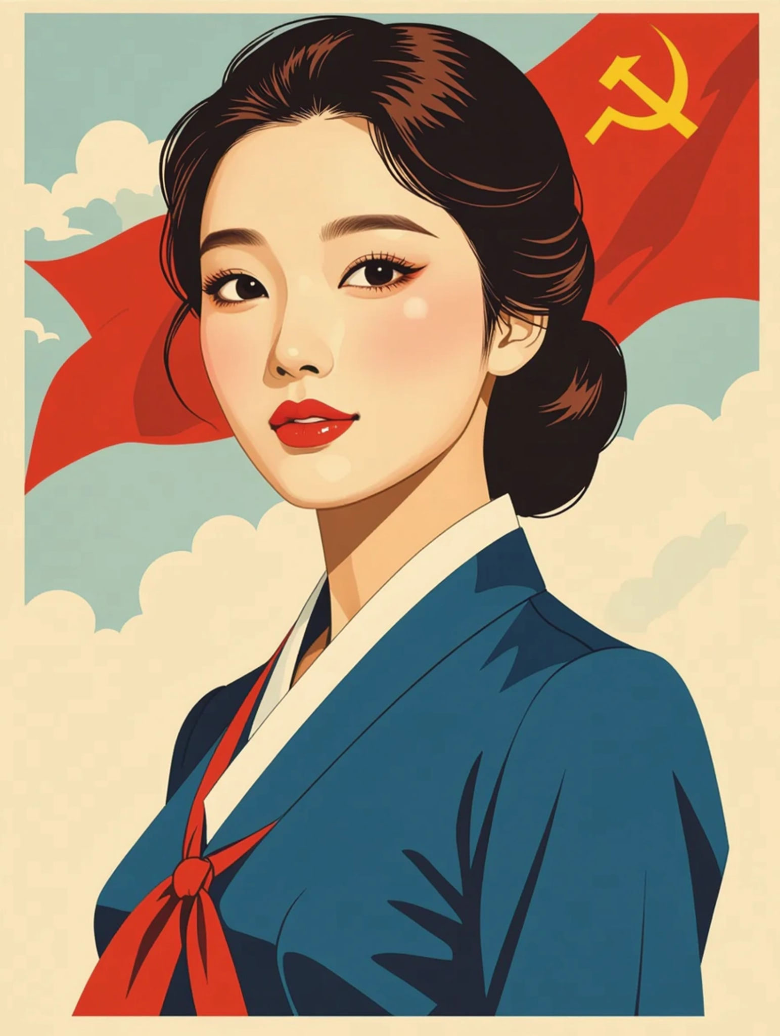 Illustration of a woman in a blue and white hanbok with a red tie, with a Soviet flag in the background.
