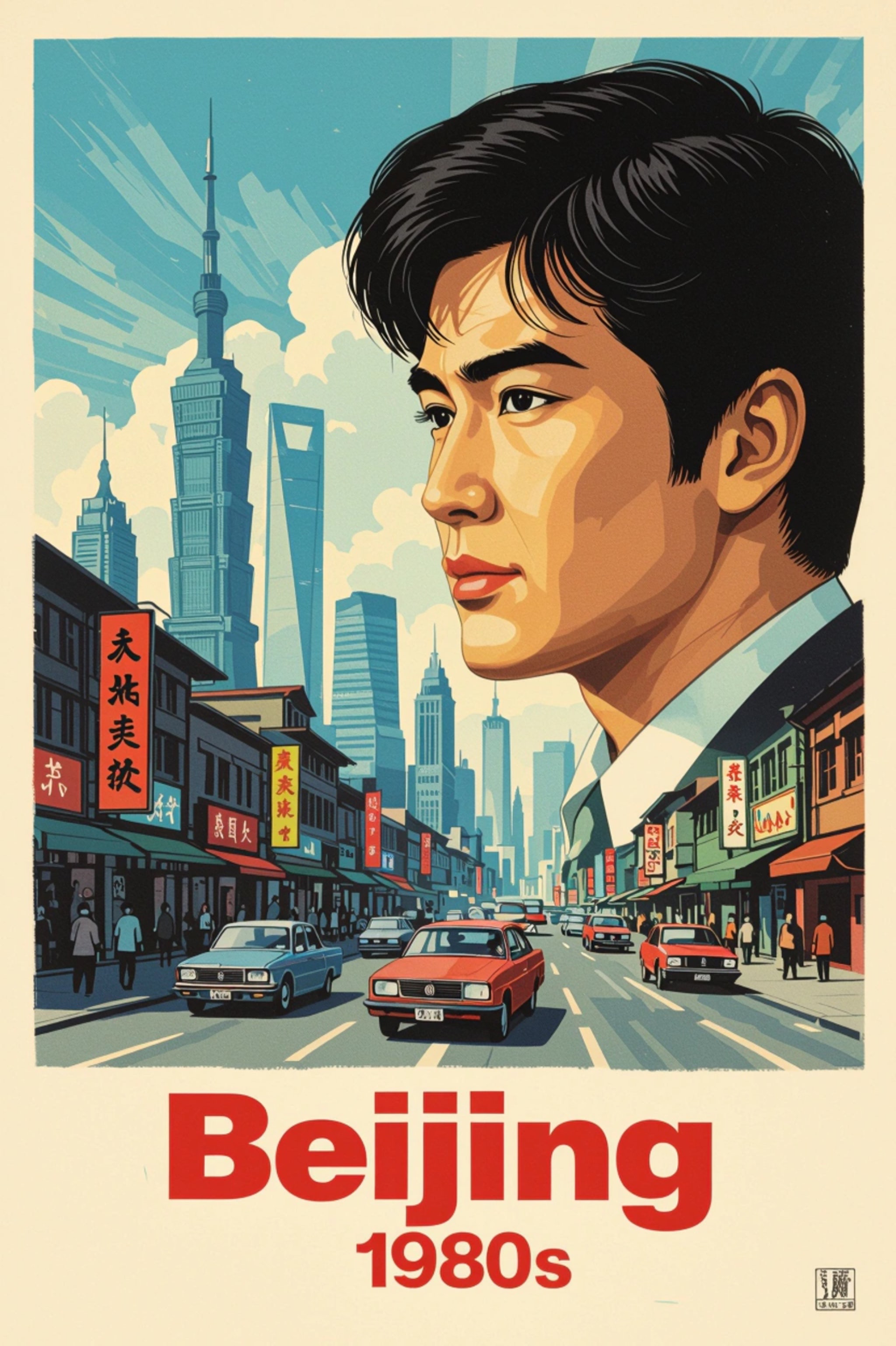 Illustration of a cityscape with a portrait of a man and the text 'Beijing 1980s'.
