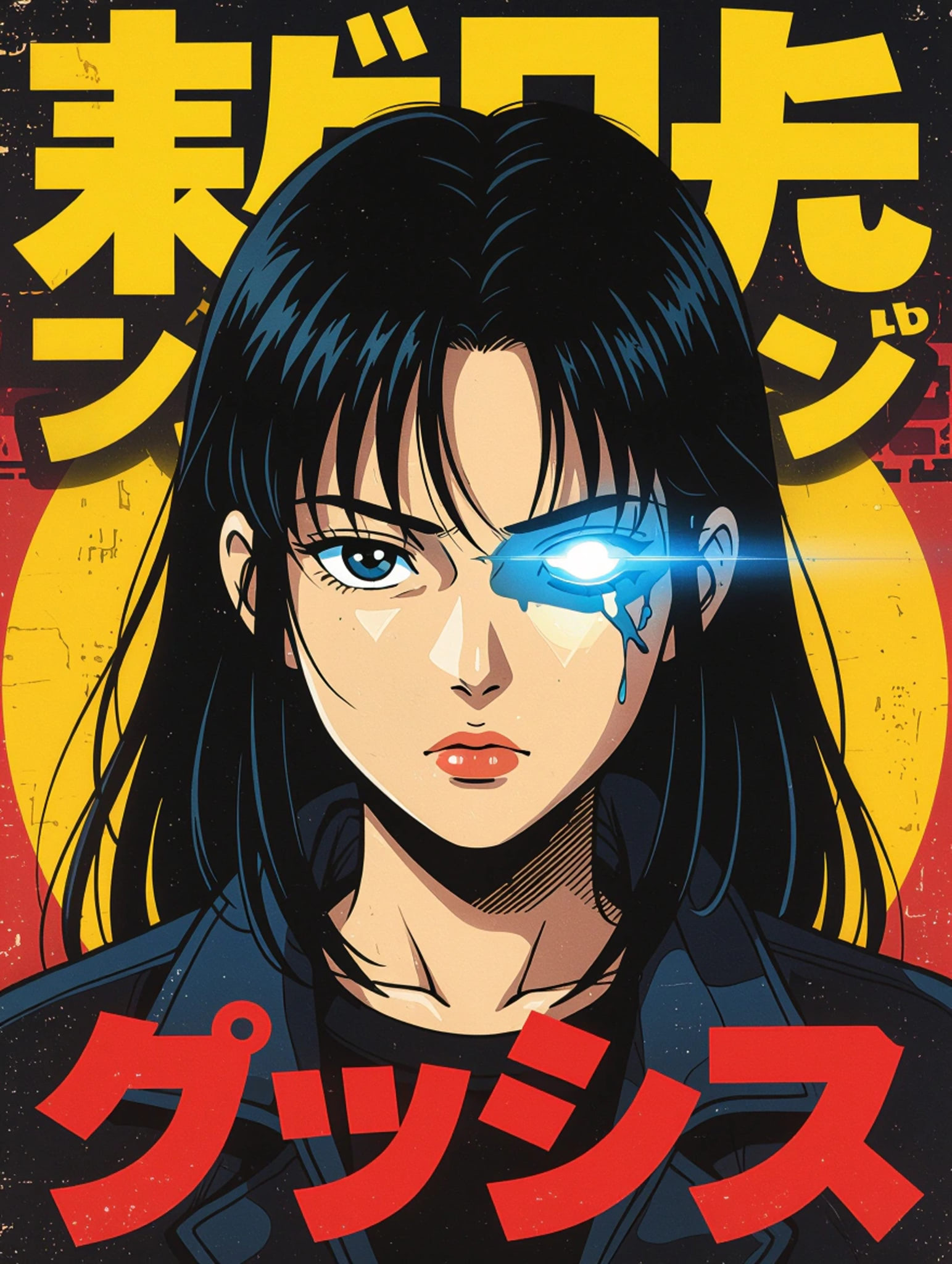 Manga-style poster with a girl with a glowing blue eye.