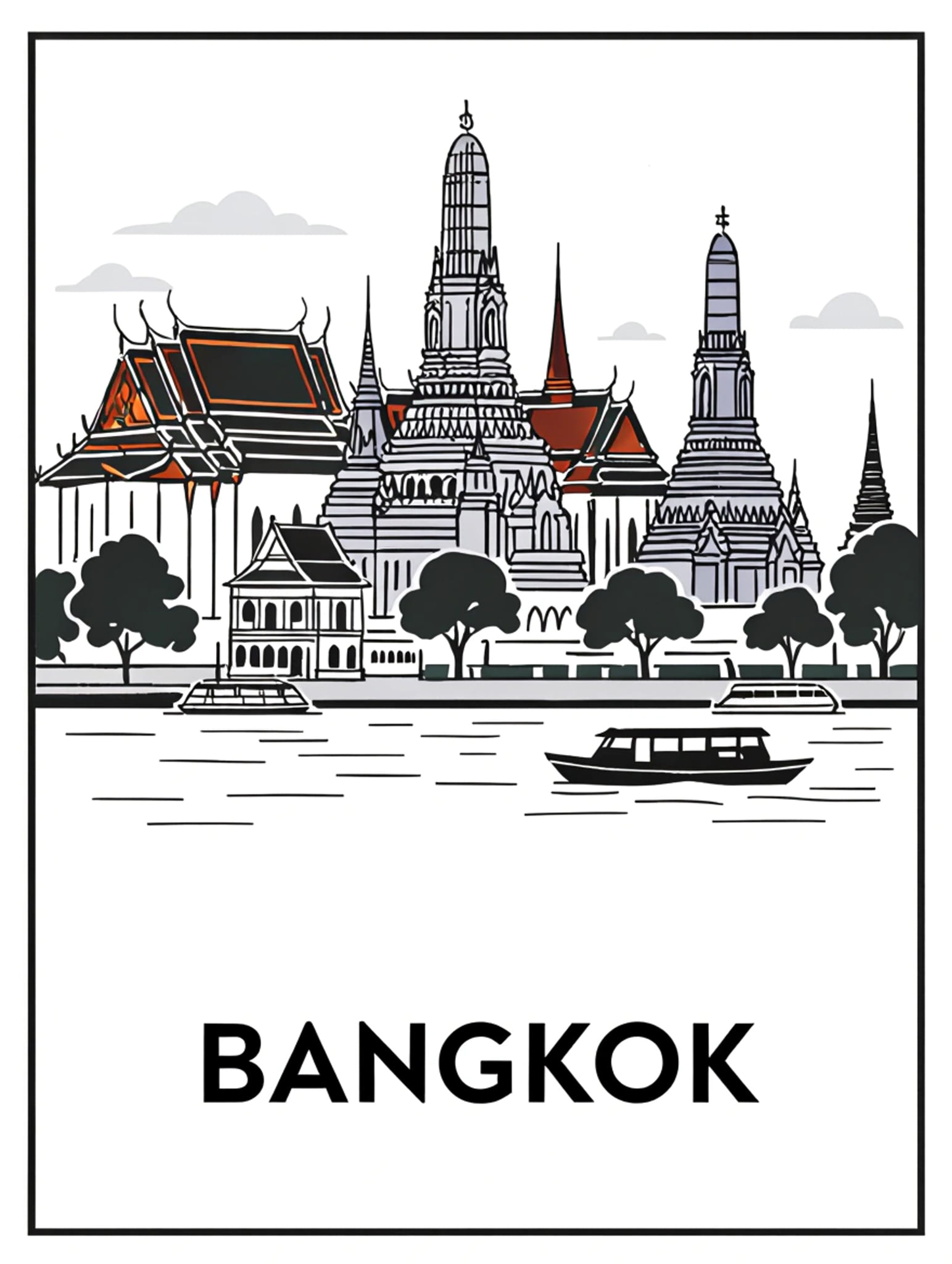 Illustration of the Bangkok skyline with boats on the water, and the word 'BANGKOK' below.