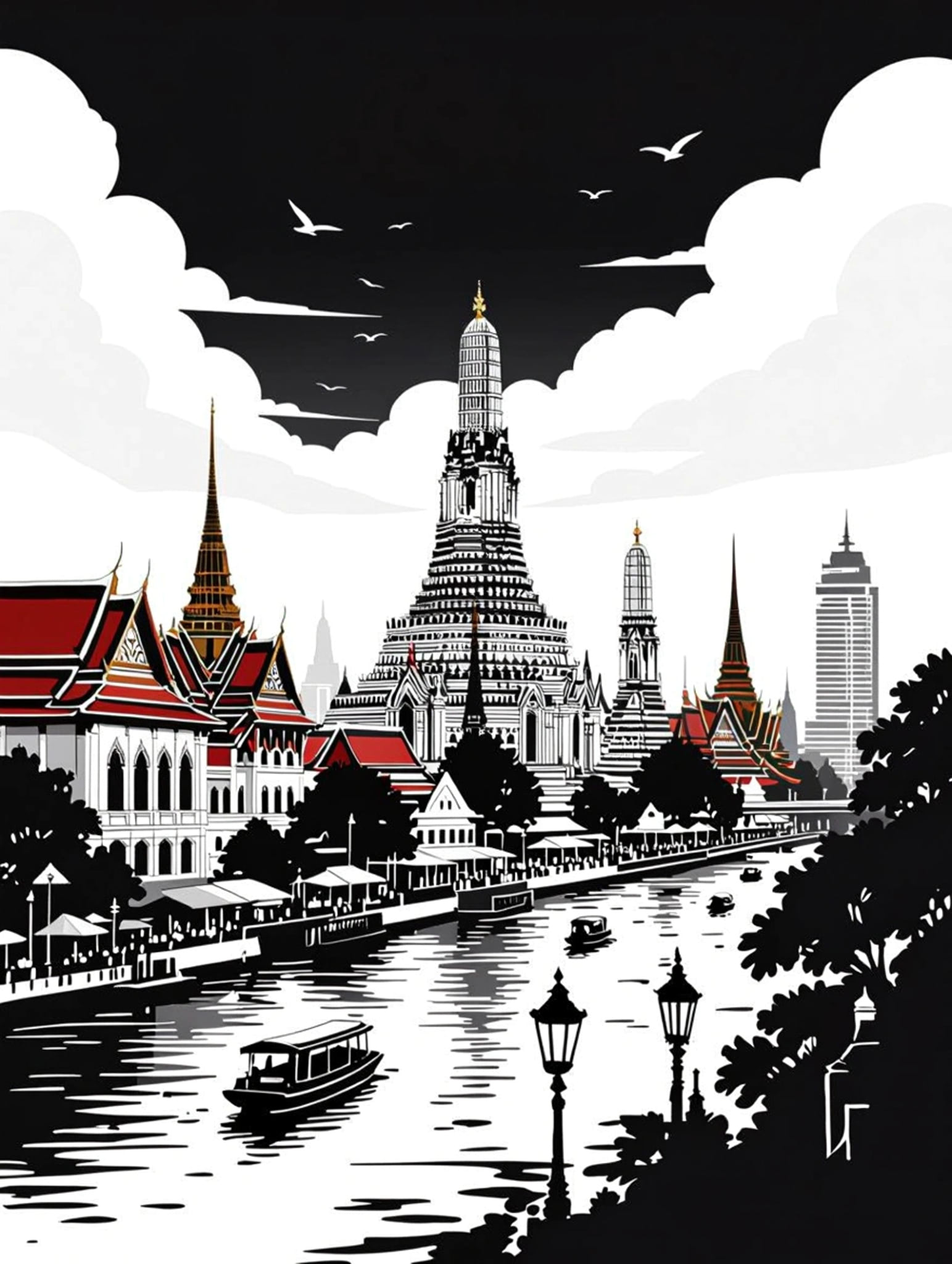 Illustration of Bangkok skyline with river and boats.