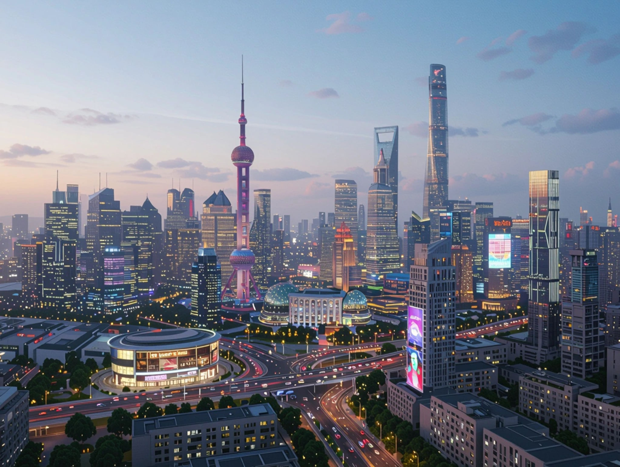 Cityscape of Shanghai at dusk with illuminated buildings and busy roads.