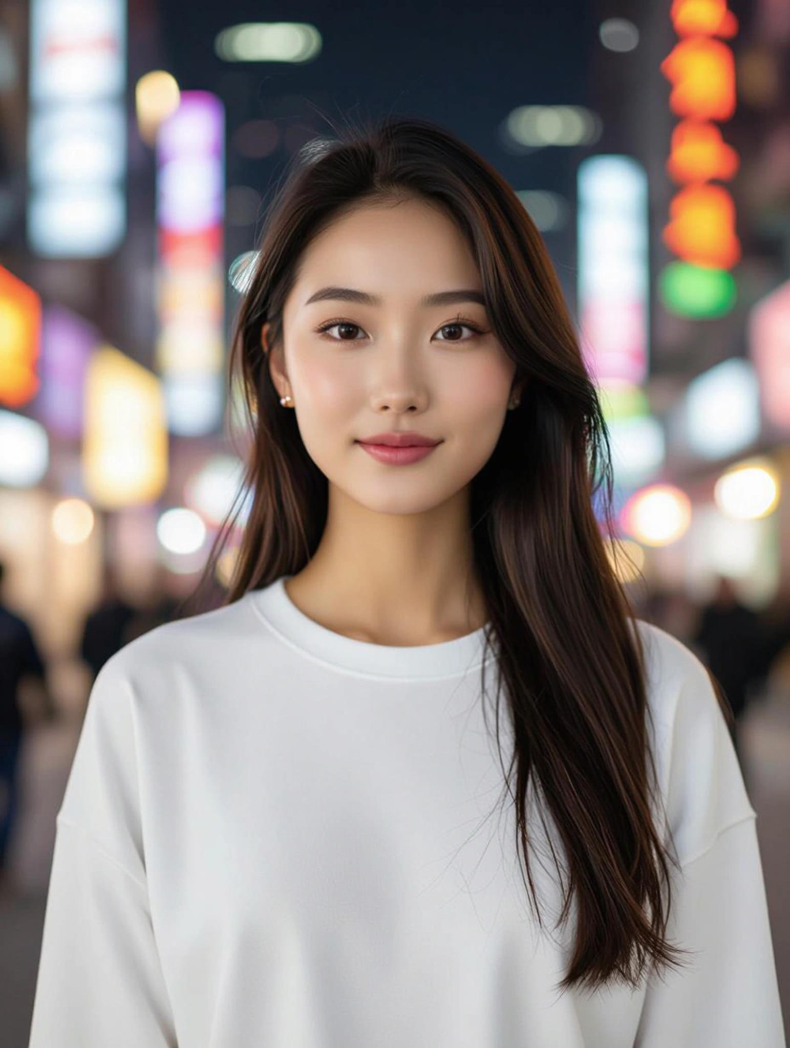 Portrait of a woman with long brown hair, wearing a white sweater, against a blurred background of colorful city lights.