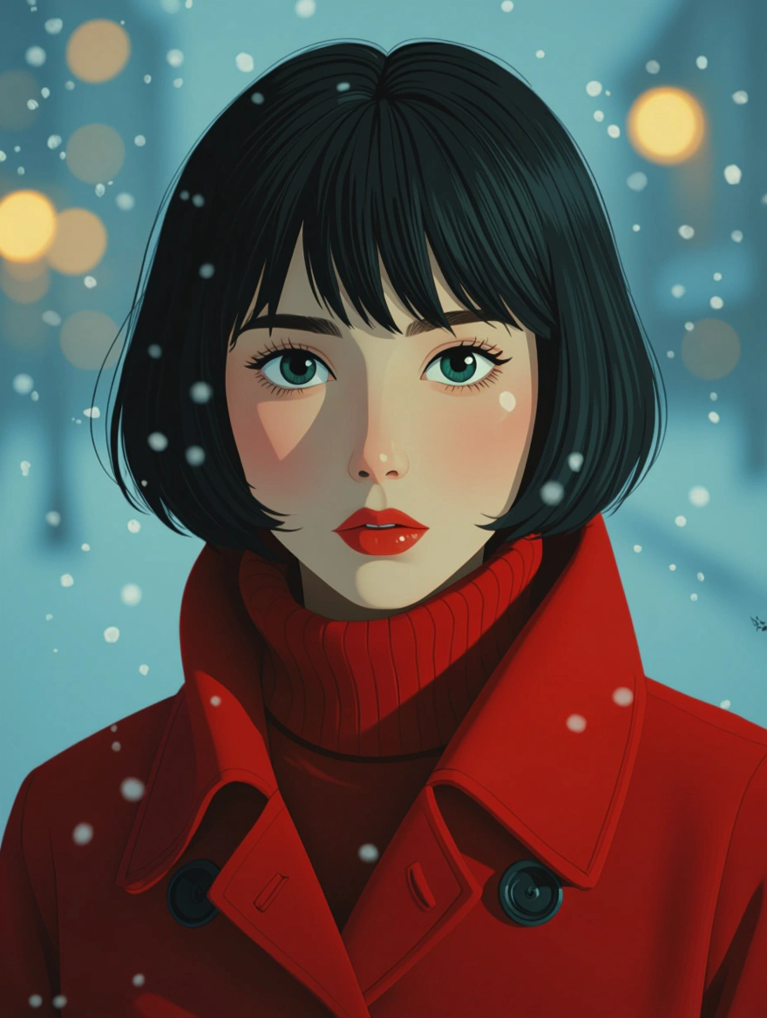 Illustration of a woman in a red coat in the snow.
