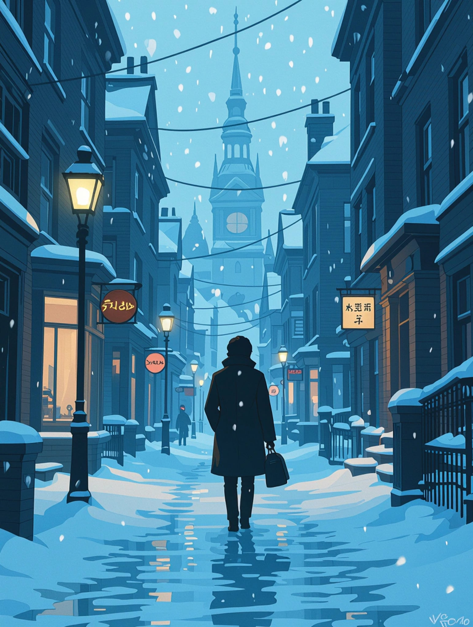 Person walking down a snowy street towards a clock tower.