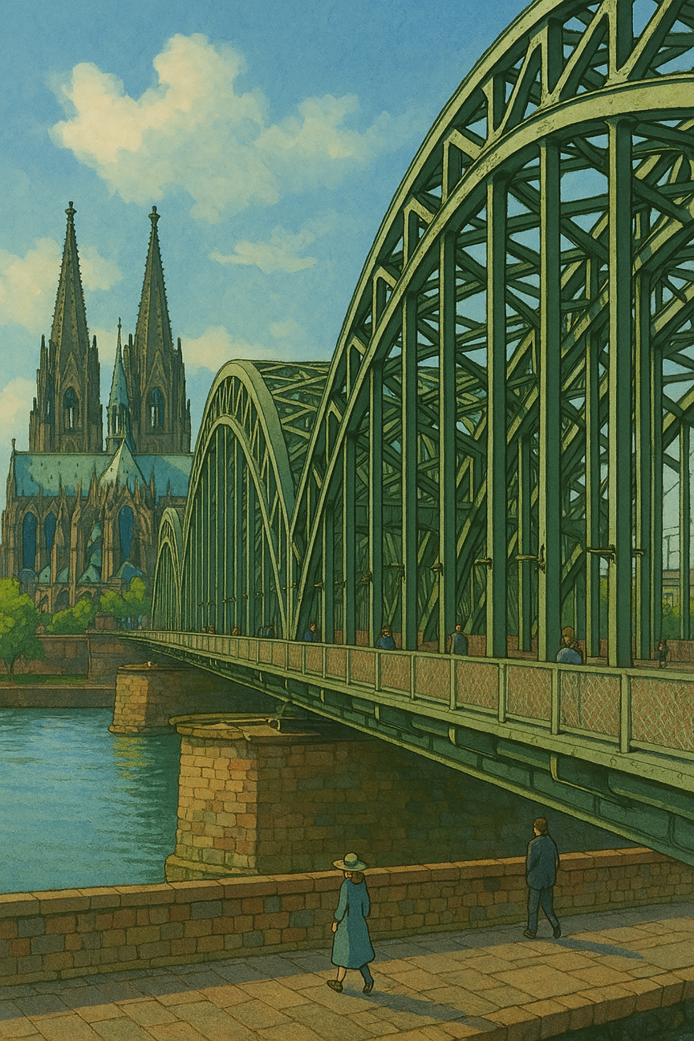 Painting of a green steel arch bridge, a cathedral with spires, and people walking along the waterfront.