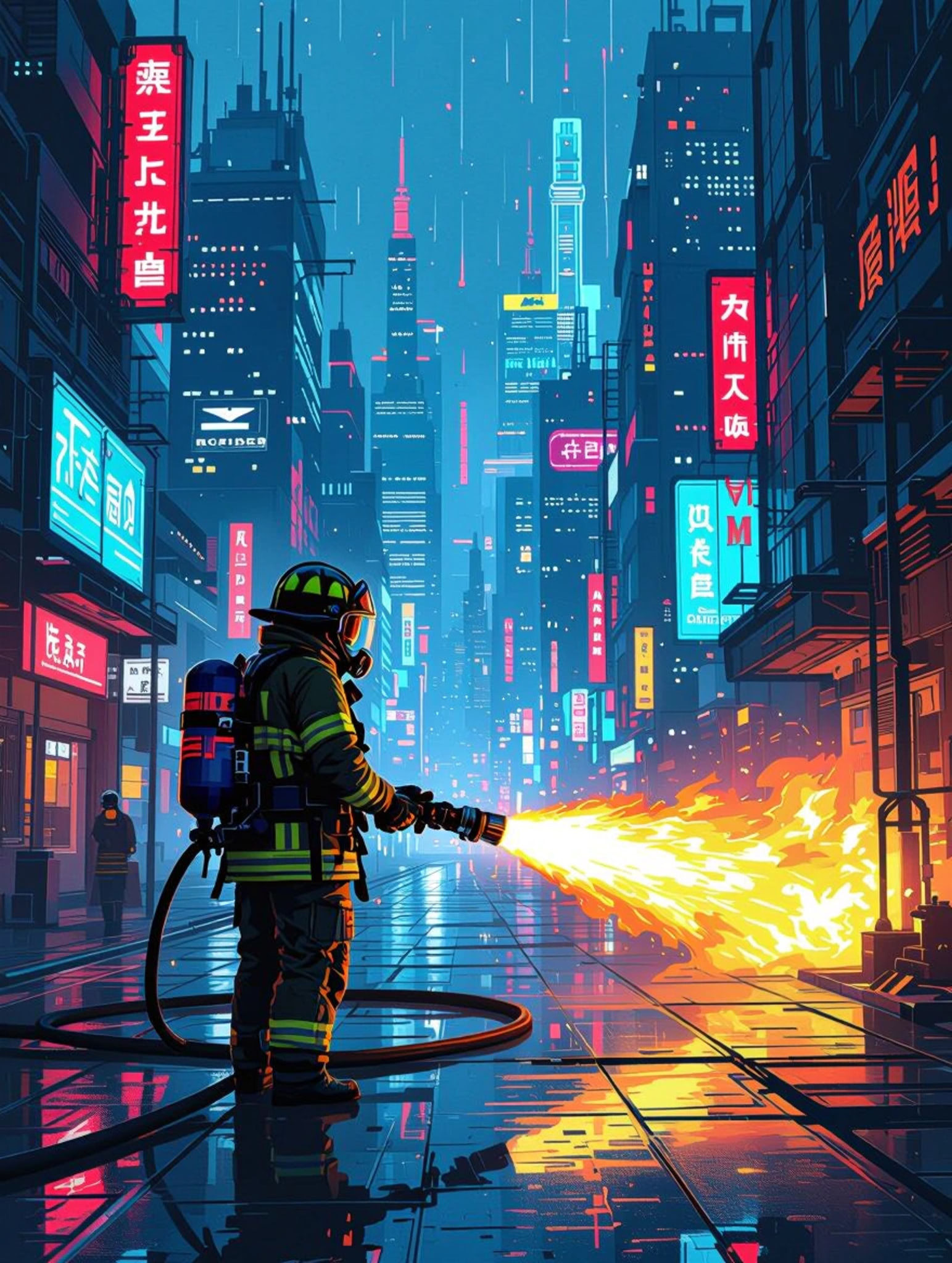 A firefighter uses a hose to extinguish a fire in a futuristic city with neon signs.