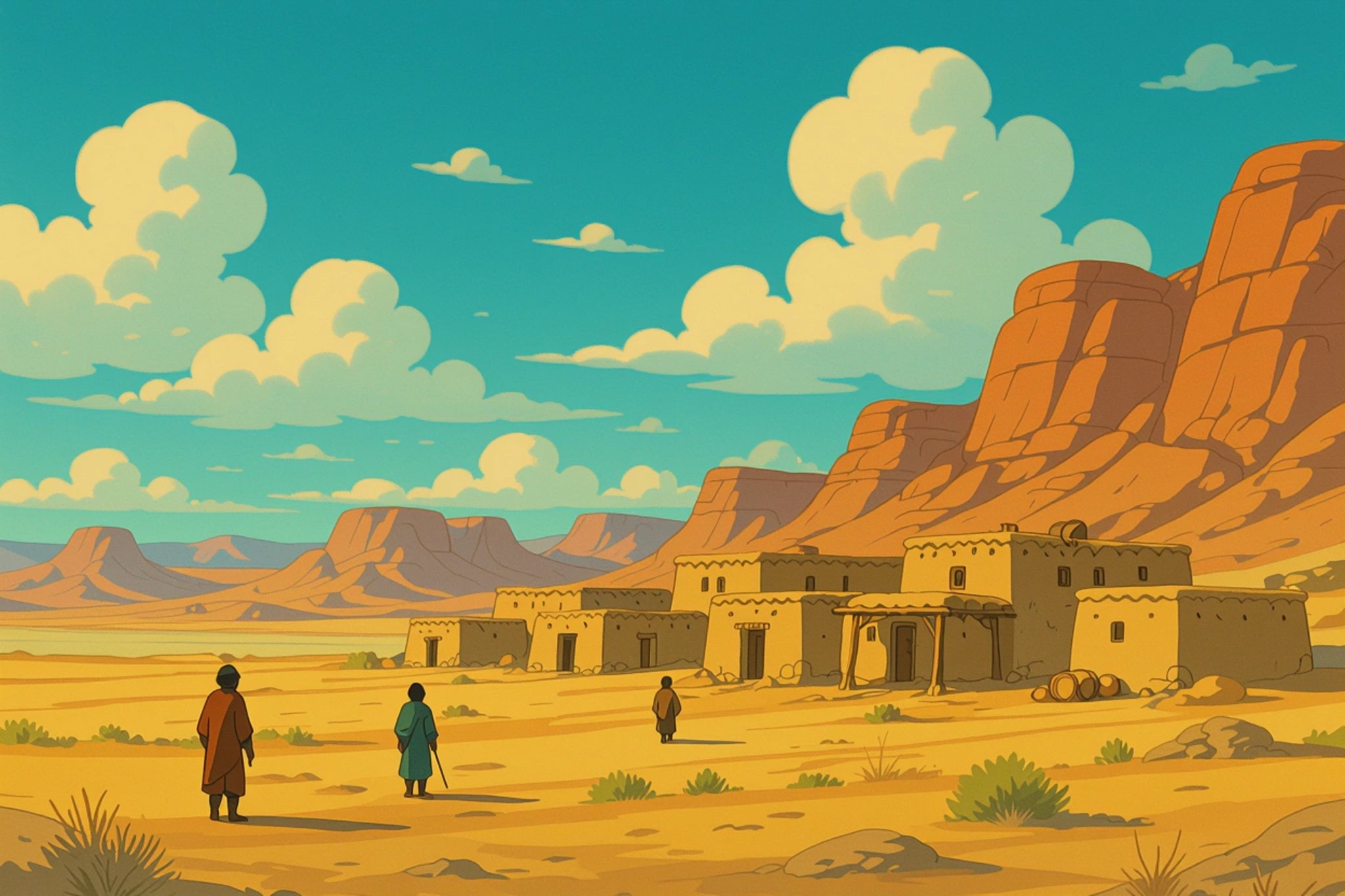 Cartoon image of a desert village with sandstone buildings.