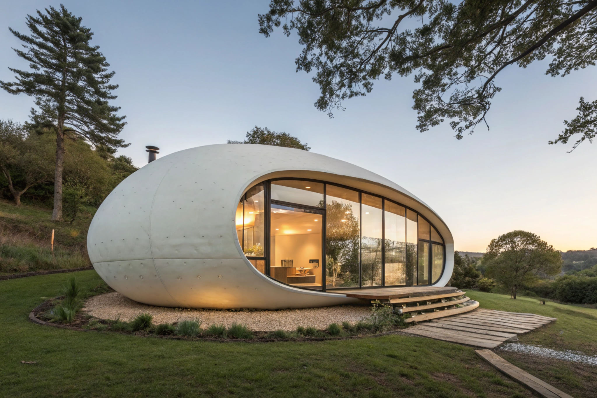 Egg-shaped modern home with large windows and a wooden deck.