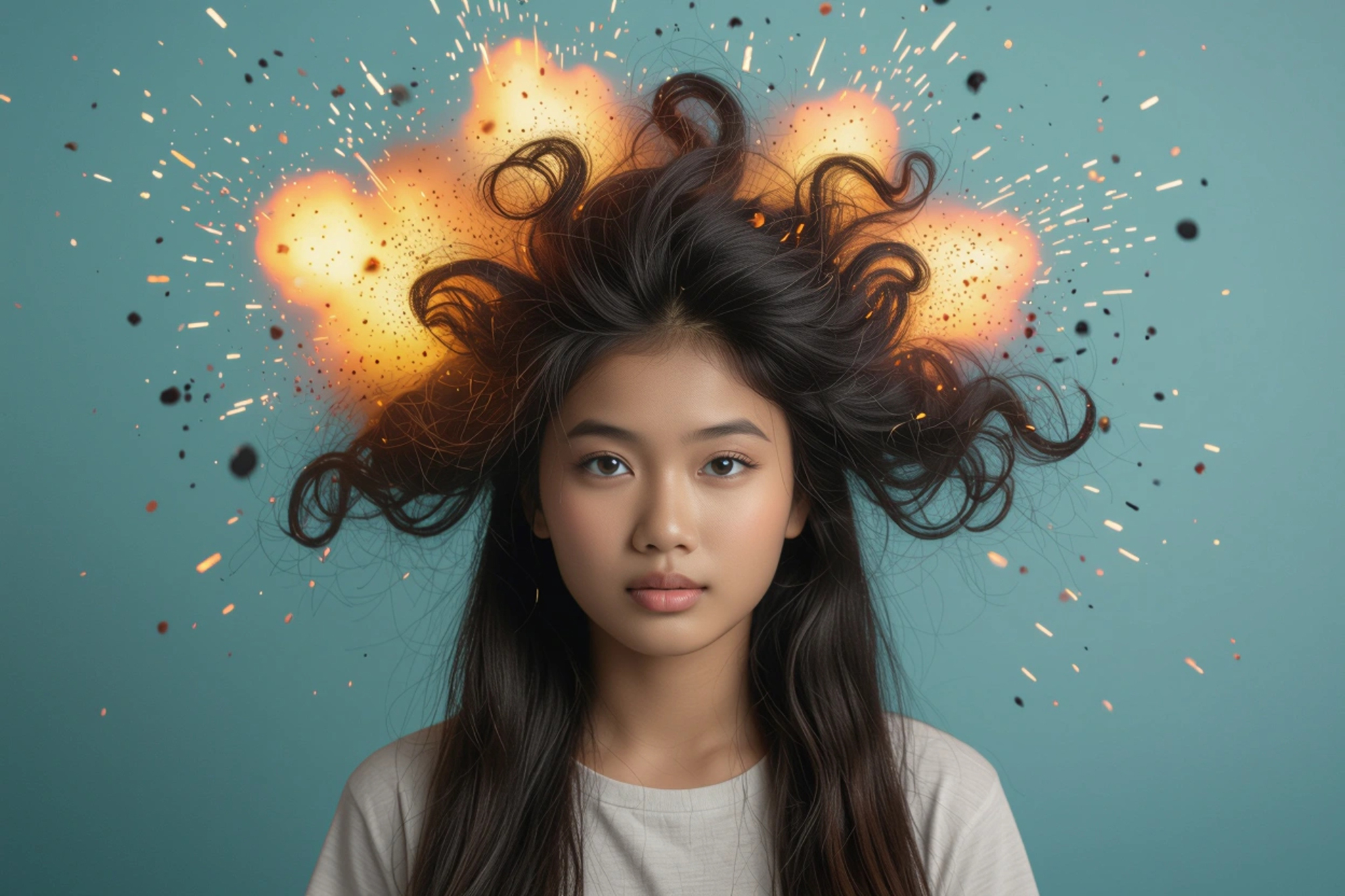 Portrait of a woman with an explosion around her head.