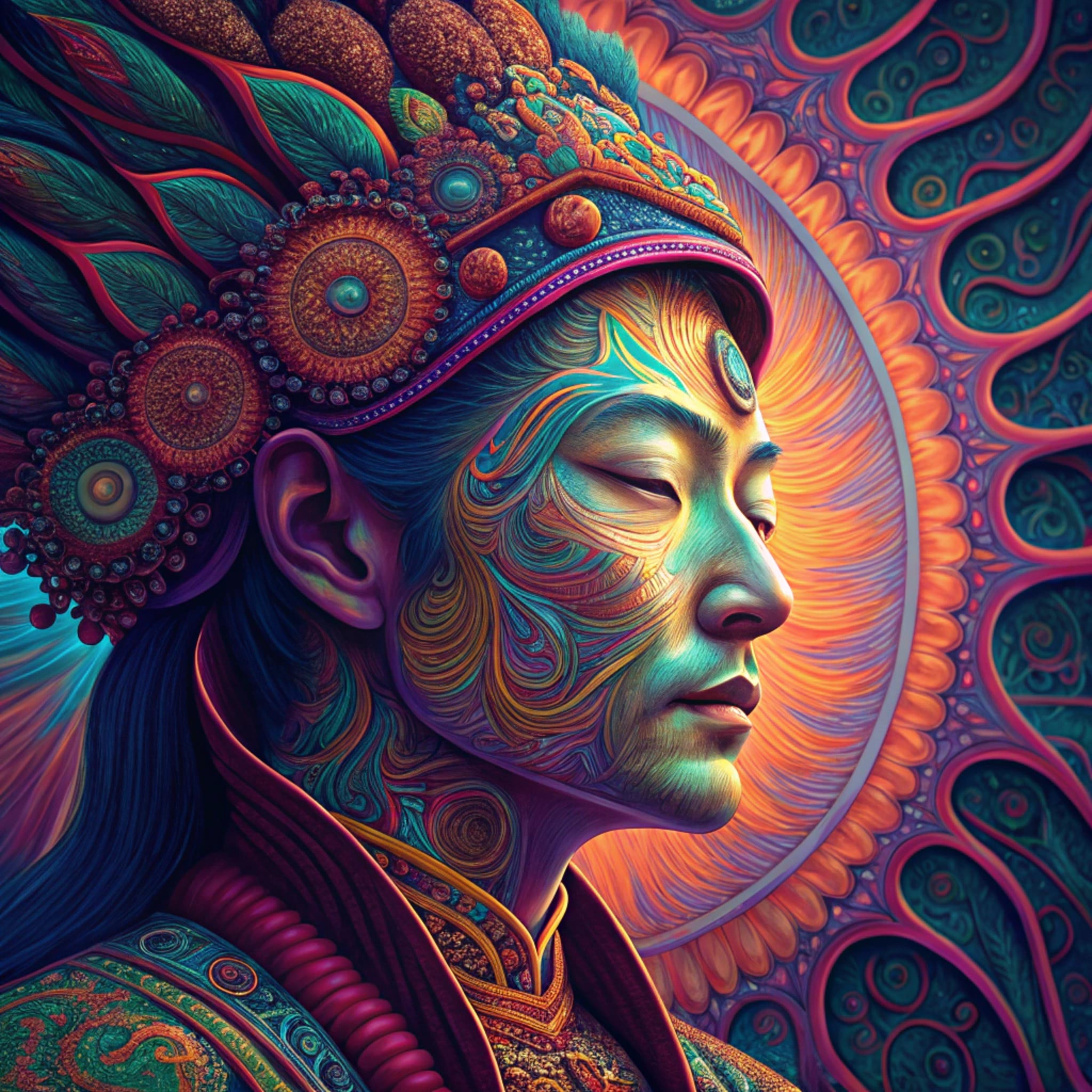 Colorful, psychedelic portrait of an Asian person with closed eyes wearing an ornate headdress.