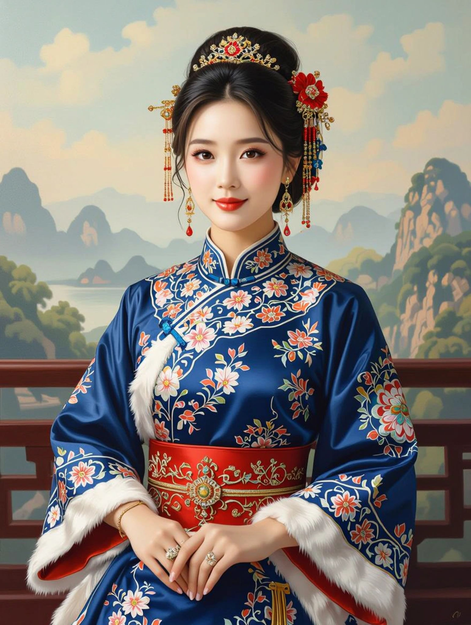Woman wearing a traditional blue floral dress with a red belt and ornate hair accessories.