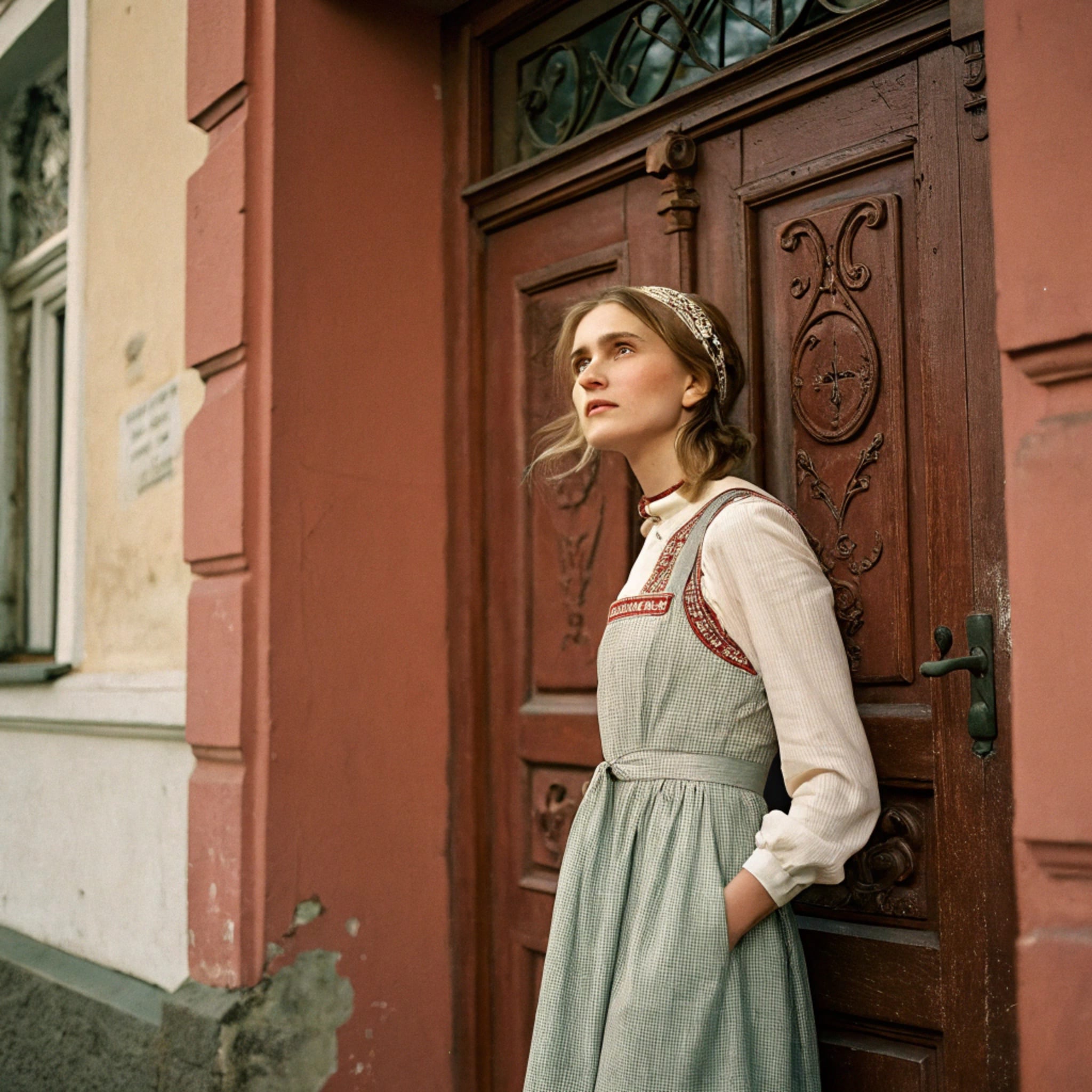 A woman in a folk dress stands in front of an ornate wooden door.