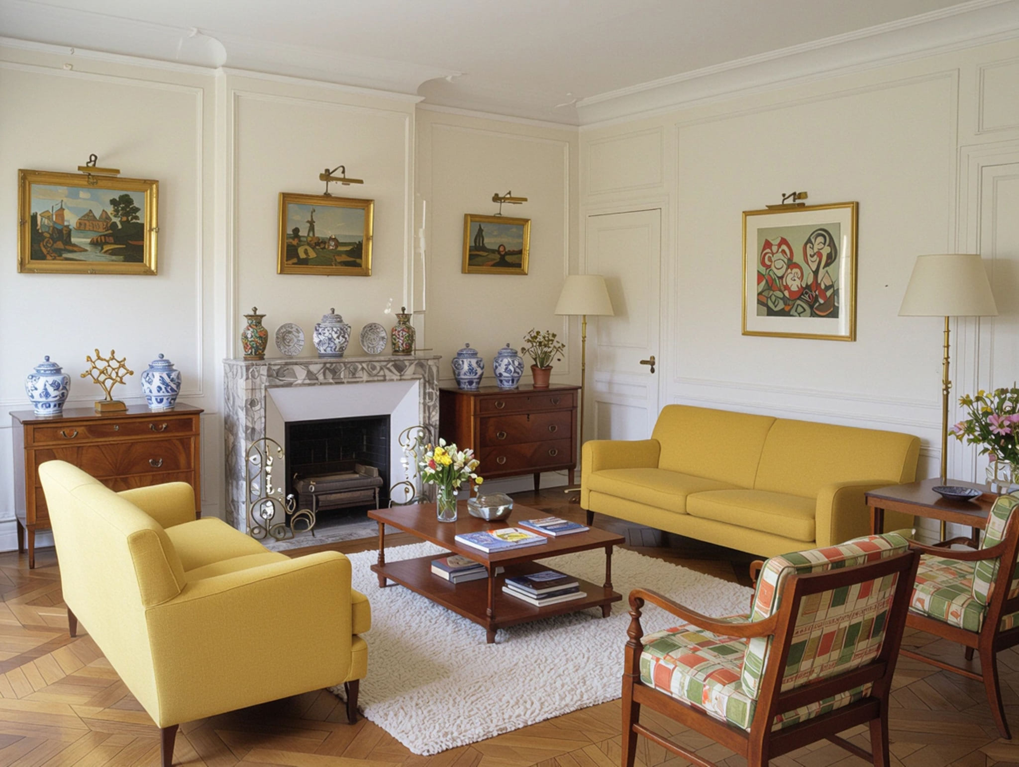 Living room with yellow sofas, plaid chairs, and paintings on white walls.
