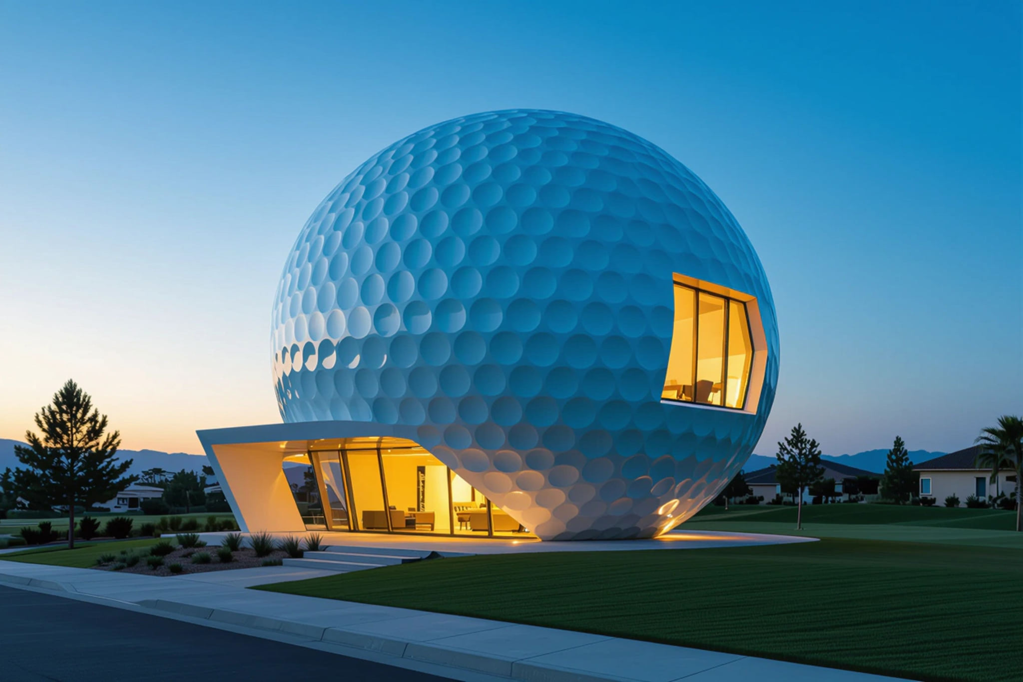 A building shaped like a golf ball with windows.