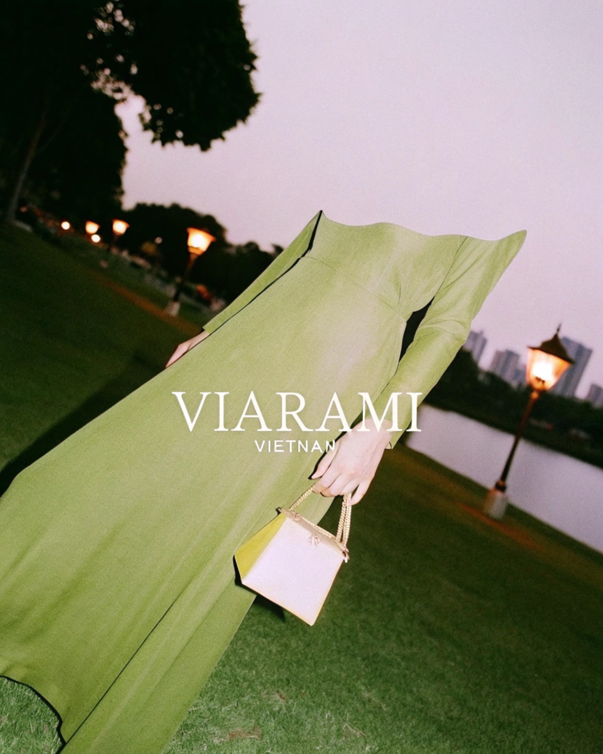 A person wearing a green dress and holding a handbag in a park at dusk.