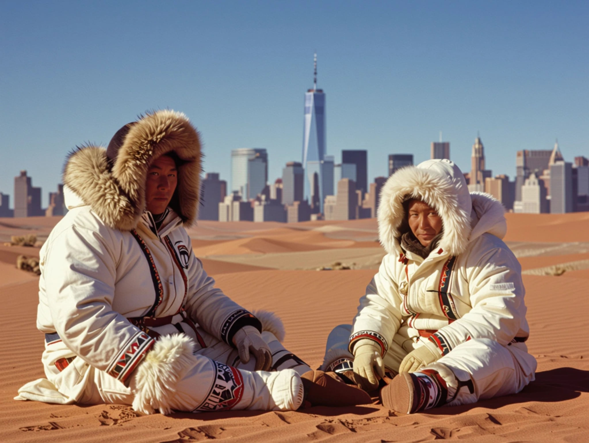 Two people wearing winter clothing sit in a desert landscape, with a city skyline in the background.
