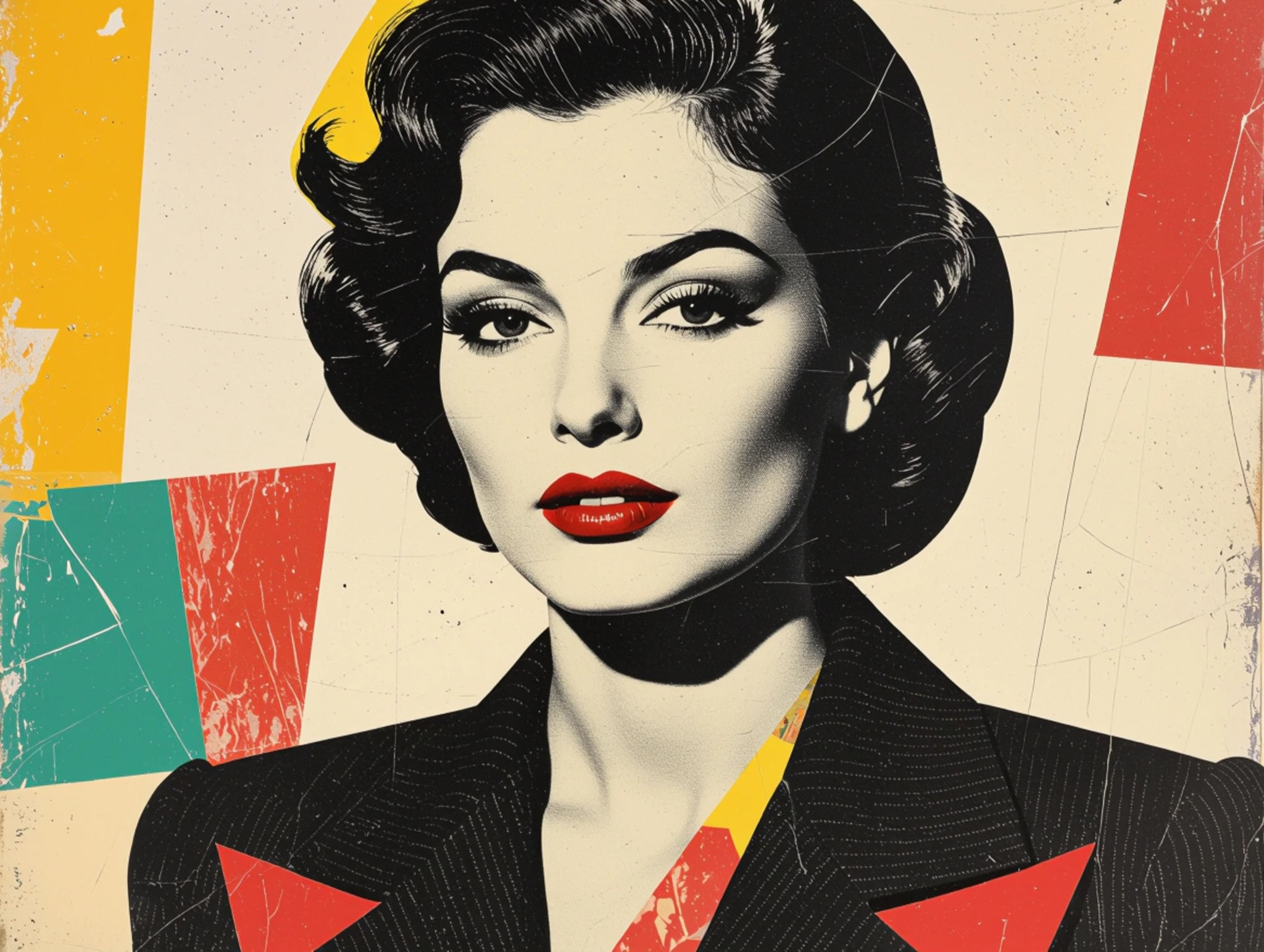 Portrait of a stylish woman with a geometric, colorful background.