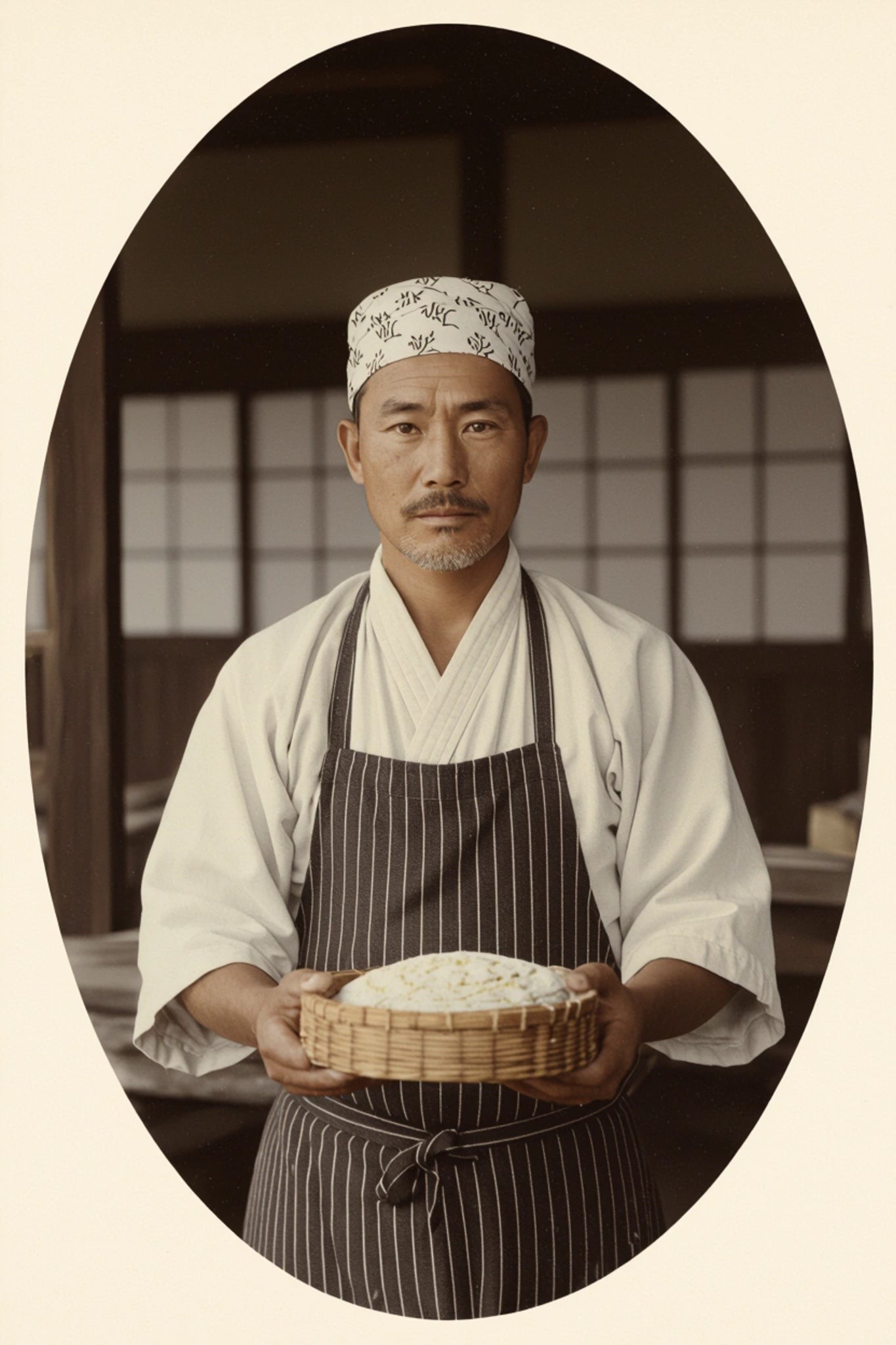 Man in chef's attire holding basket of bread.