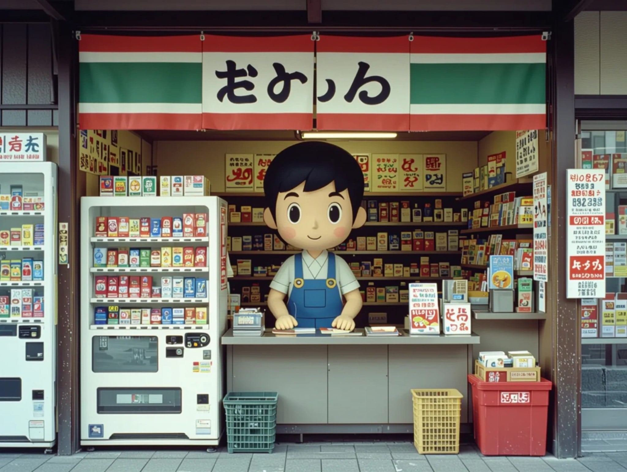 Cartoon figure behind counter of small store with vending machines.