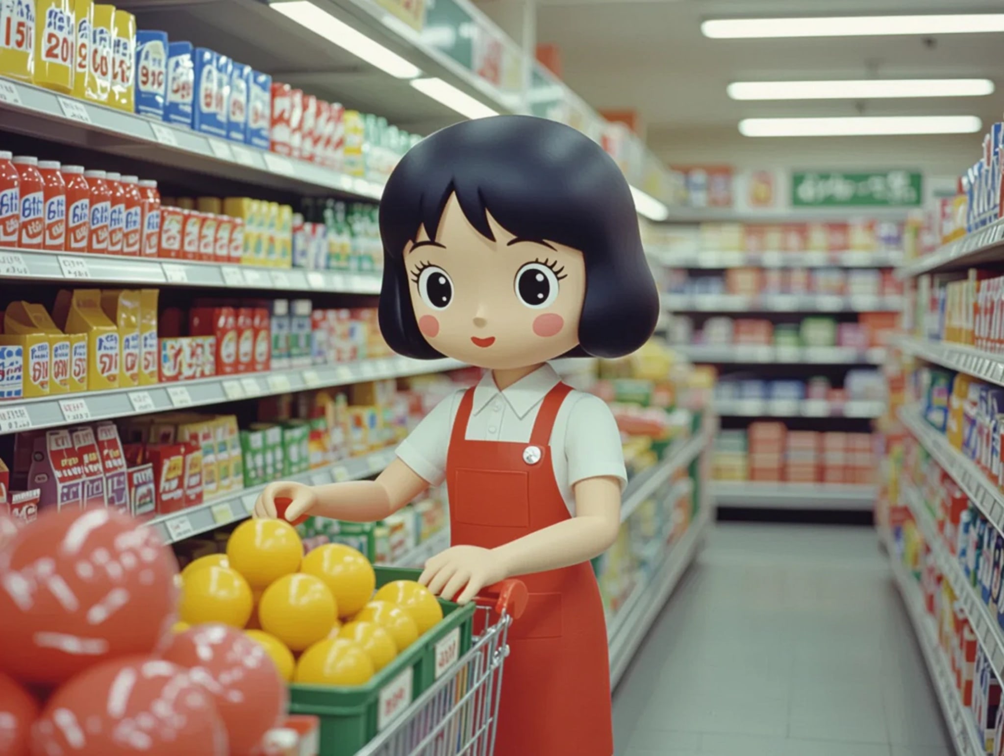 Animated figure with black hair and a red apron working in a supermarket.