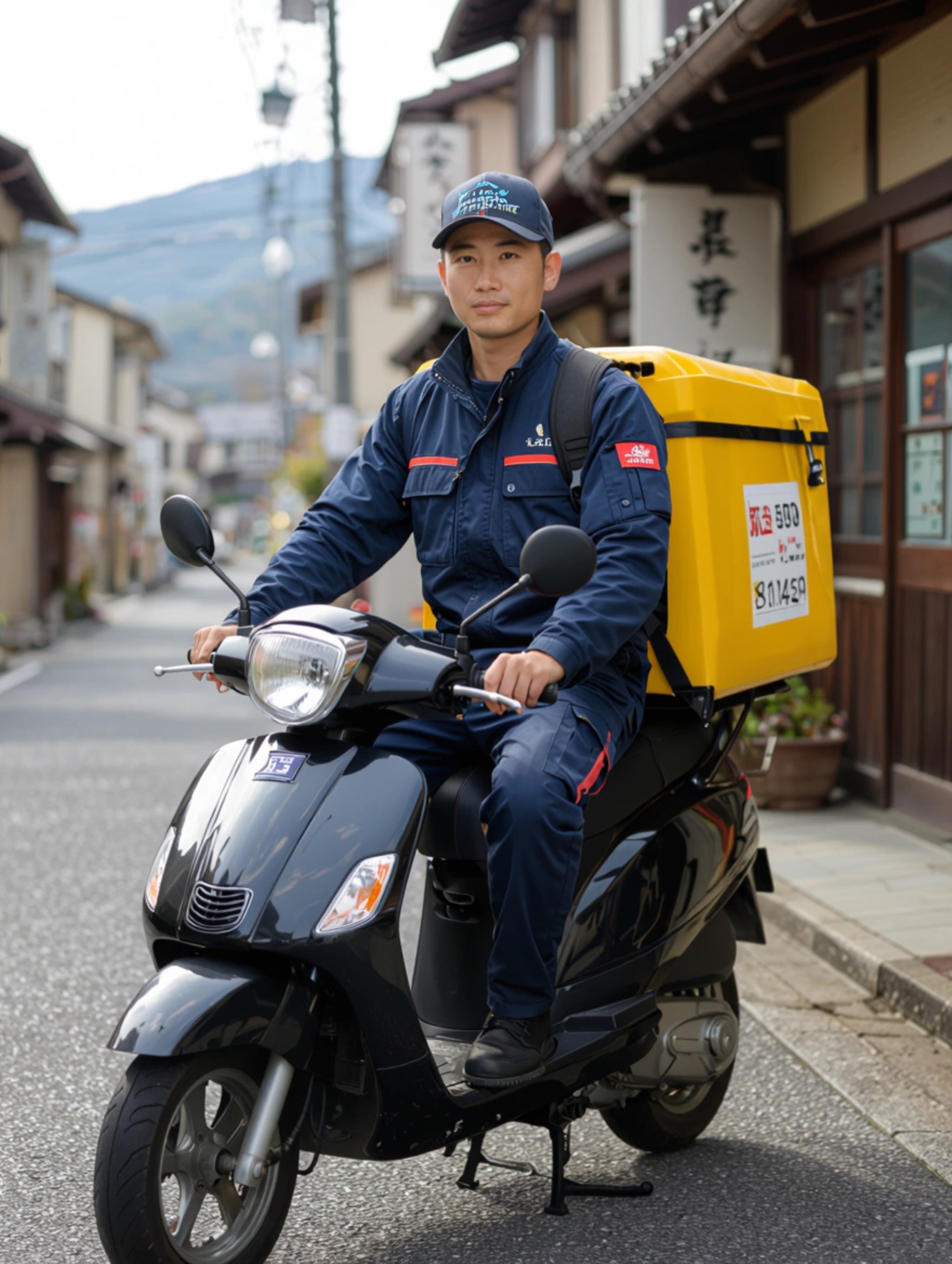 Delivery worker on a scooter with a yellow box on the back.
