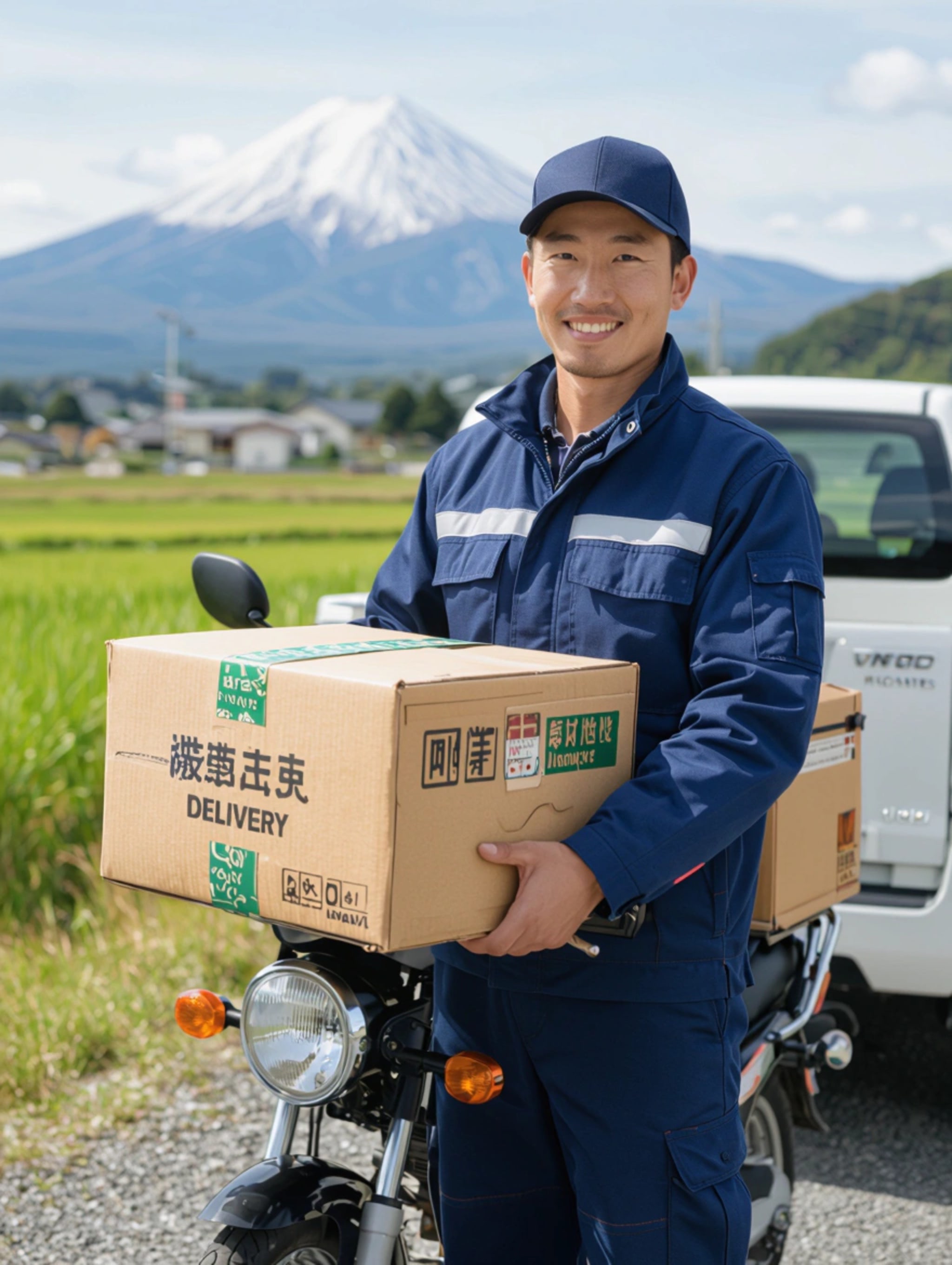 Japanese delivery man holding a package with Mount Fuji in the background.