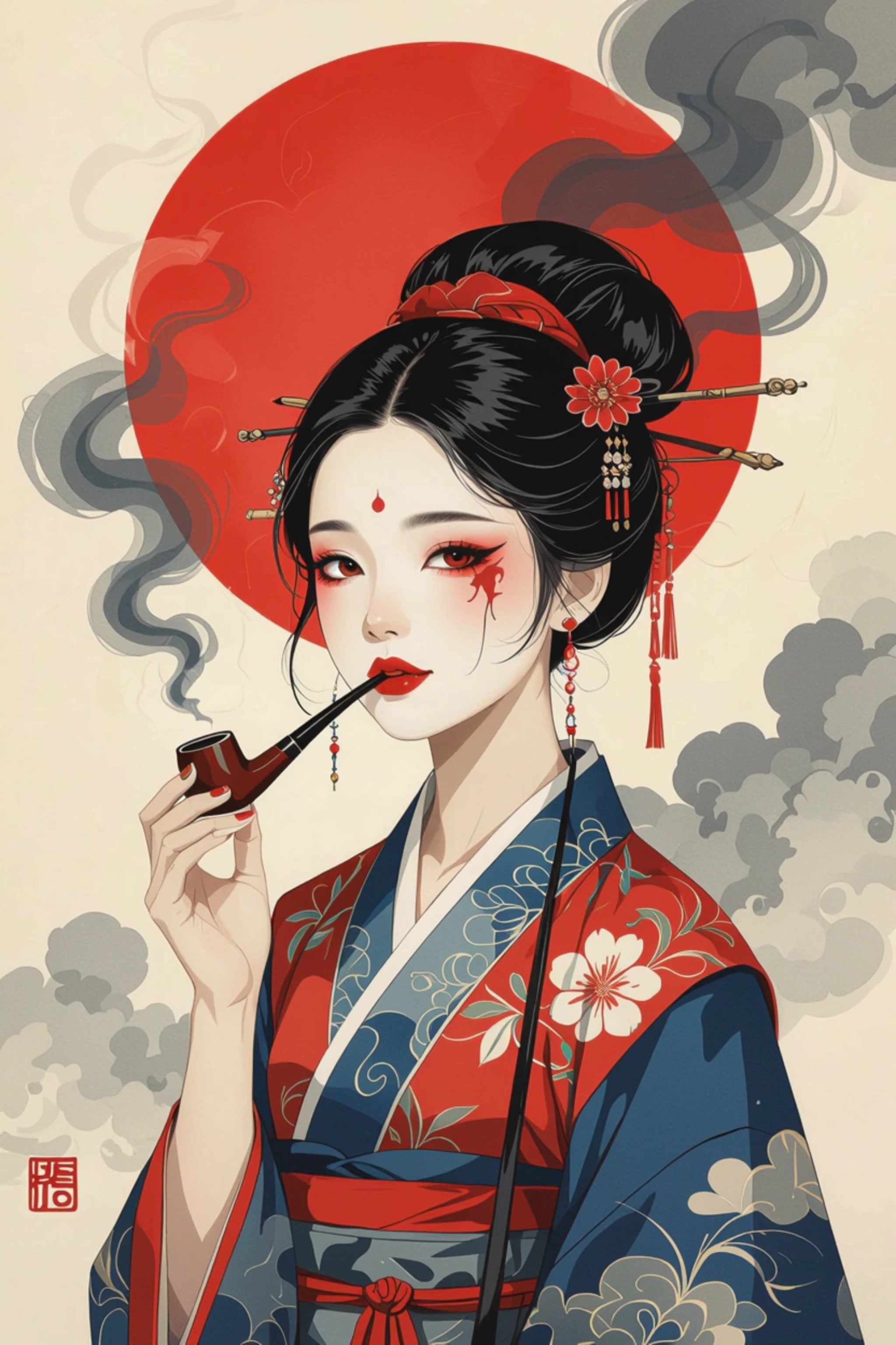 Illustration of a woman in traditional Japanese attire smoking a pipe, against a backdrop of a large red sun and stylized clouds.