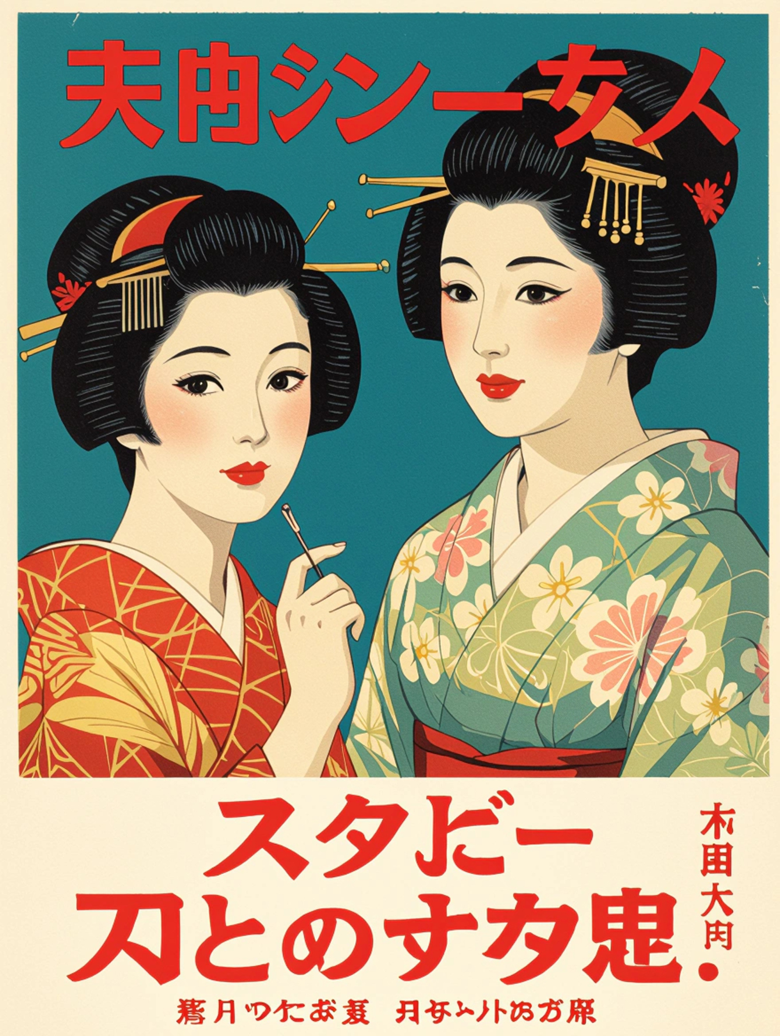 Vintage poster featuring two women in kimonos with traditional hairstyles and makeup.