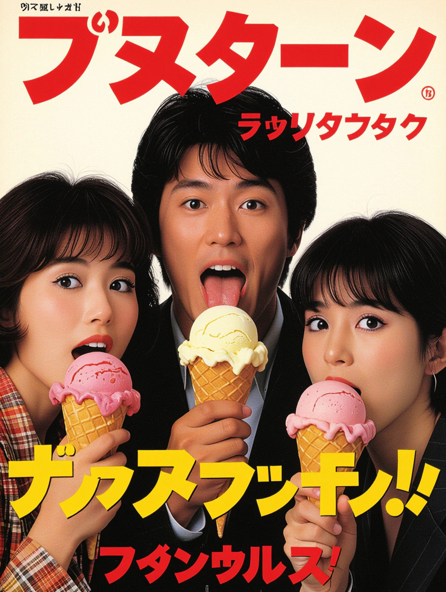 Two women and a man eating ice cream cones, with Japanese text in the background.