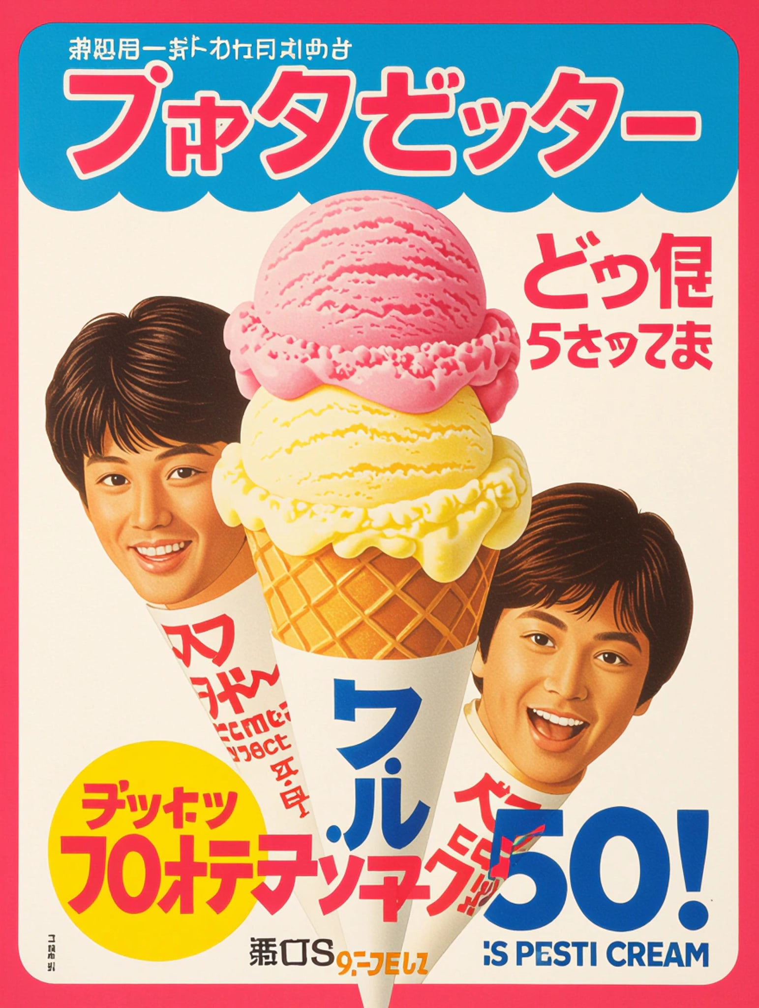 Vintage advertisement for an ice cream cone with two scoops, featuring two smiling men and Japanese text.