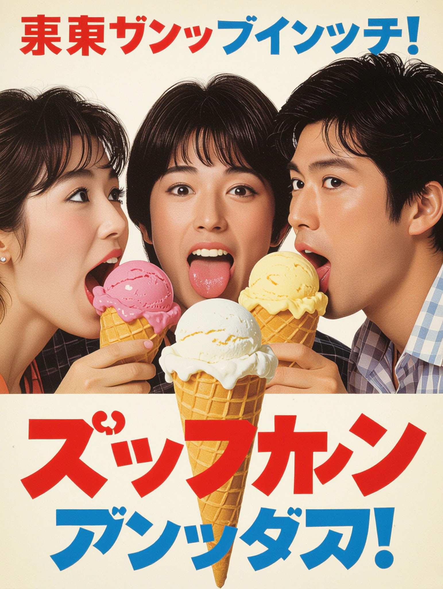 Three people licking ice cream cones with Japanese text.