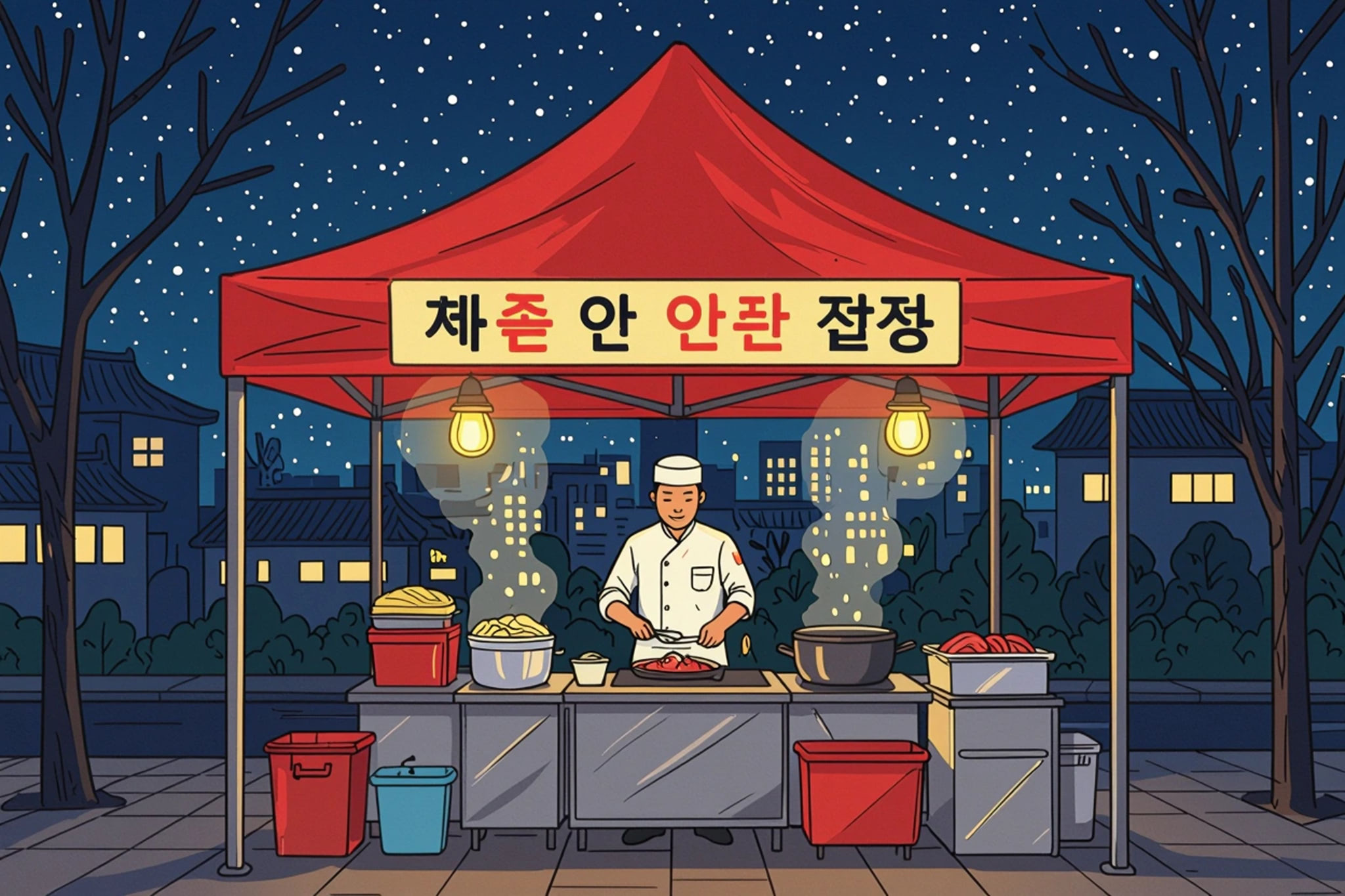 Cartoon-style drawing of a Korean street food vendor under a red tent at night, cooking.