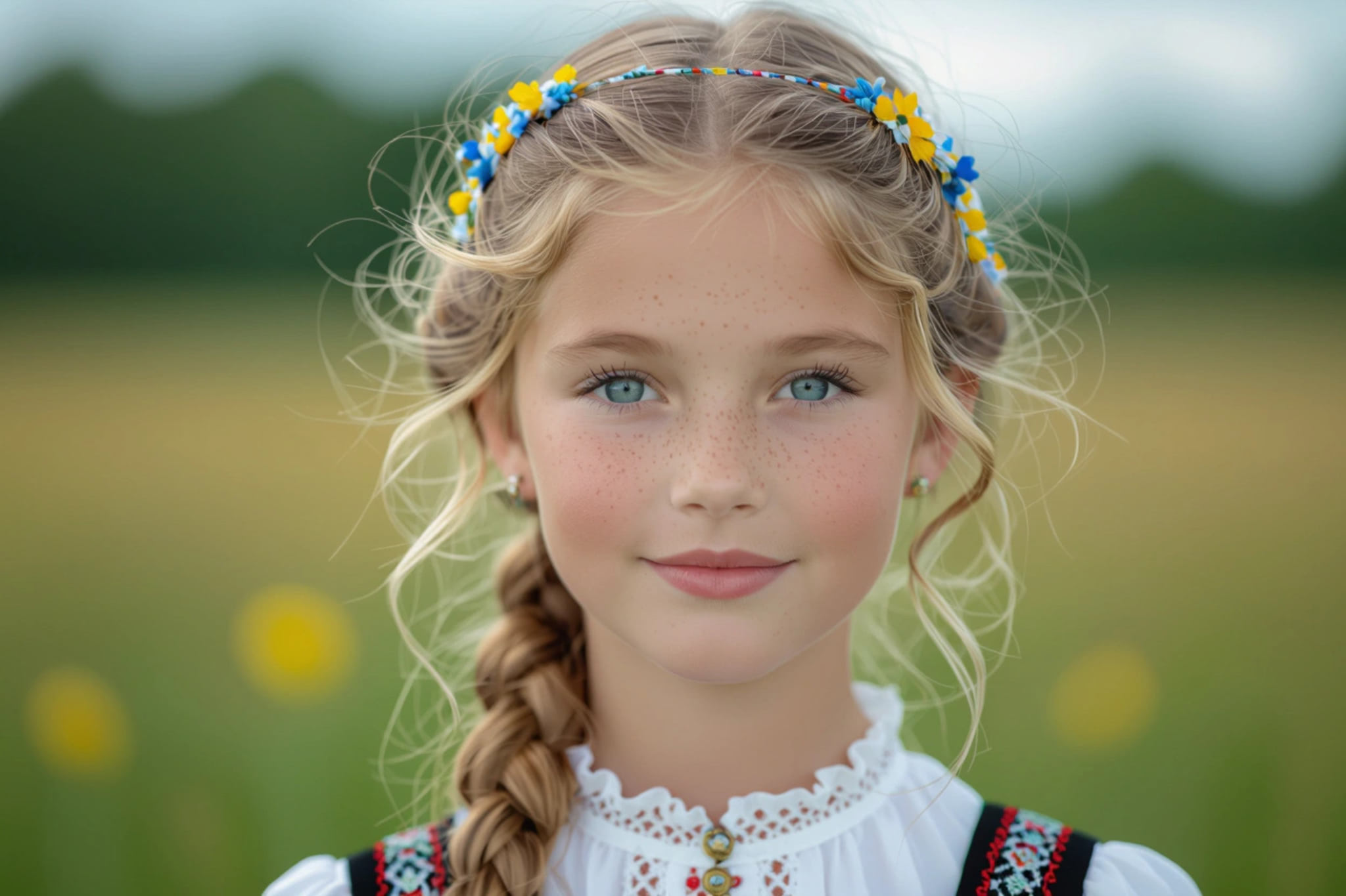 Portrait of a young girl with blue eyes, freckles, and a flower crown.